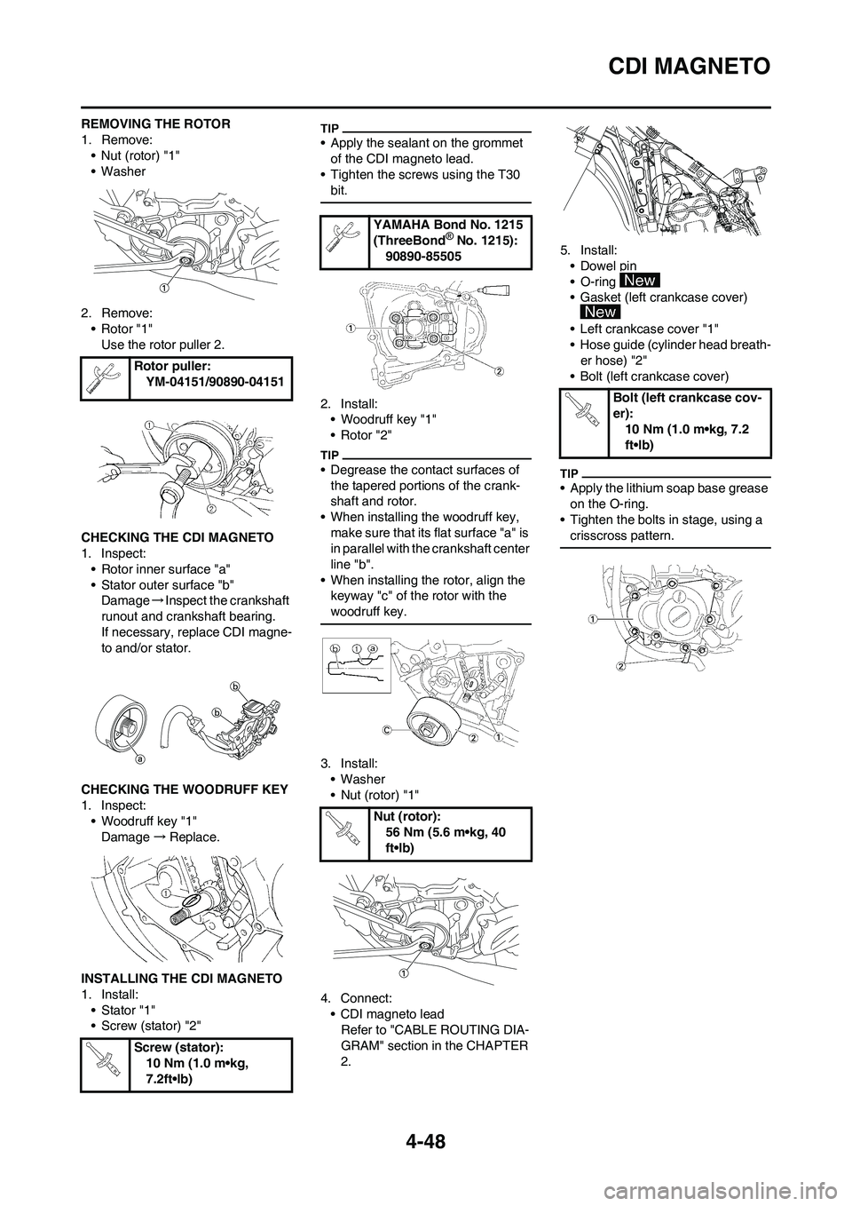 YAMAHA YZ450F 2009  Owners Manual 4-48
CDI MAGNETO
REMOVING THE ROTOR
1. Remove:
• Nut (rotor) "1"
• Washer
2. Remove:
• Rotor "1"
Use the rotor puller 2.
CHECKING THE CDI MAGNETO
1. Inspect:
• Rotor inner surface "a"
• Stat