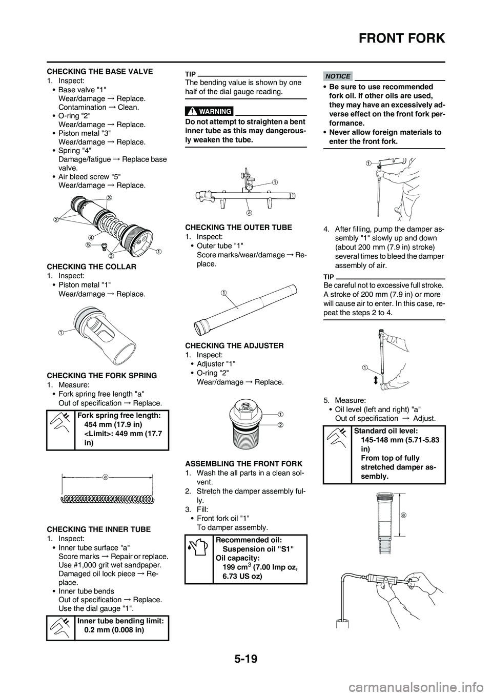YAMAHA YZ450F 2009  Owners Manual 5-19
FRONT FORK
CHECKING THE BASE VALVE
1. Inspect:
• Base valve "1"
Wear/damage →Replace.
Contamination →Clean.
• O-ring "2"
Wear/damage →Replace.
• Piston metal "3"
Wear/damage →Replac