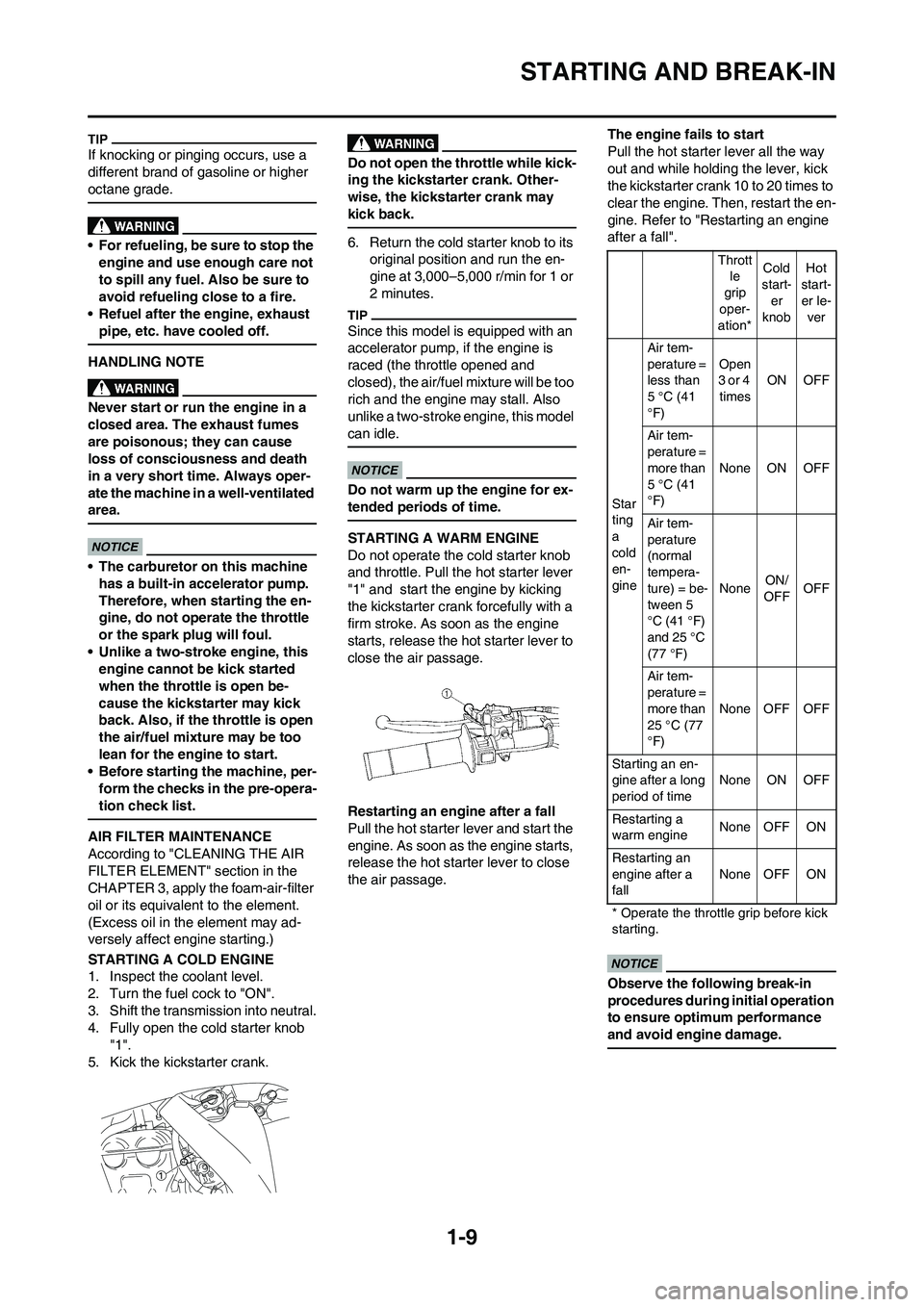 YAMAHA YZ450F 2009 User Guide 1-9
STARTING AND BREAK-IN
If knocking or pinging occurs, use a 
different brand of gasoline or higher 
octane grade.
• For refueling, be sure to stop the 
engine and use enough care not 
to spill an