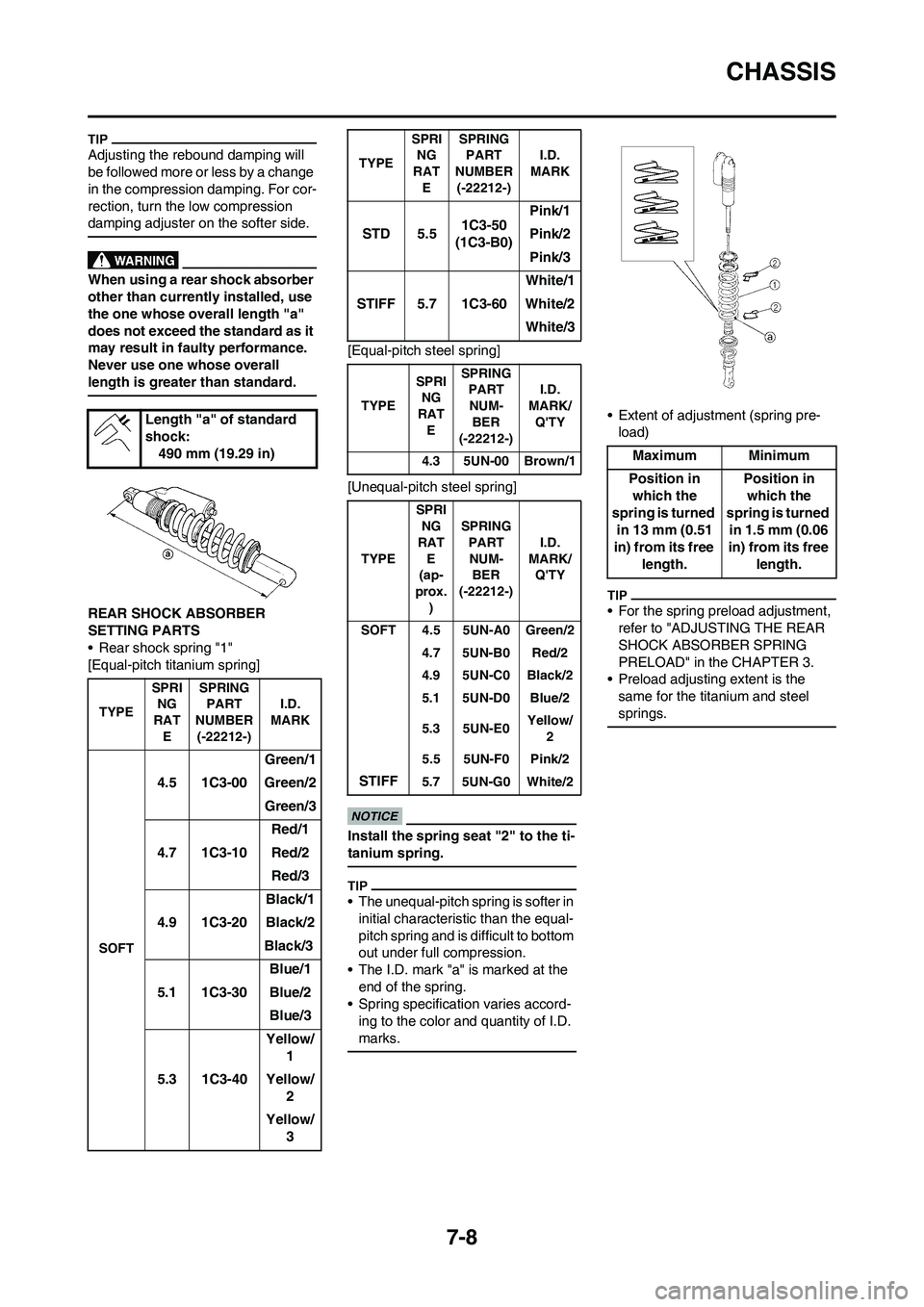 YAMAHA YZ450F 2009  Owners Manual 7-8
CHASSIS
Adjusting the rebound damping will 
be followed more or less by a change 
in the compression damping. For cor-
rection, turn the low compression 
damping adjuster on the softer side.
When 