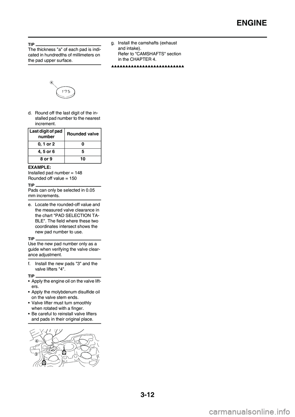 YAMAHA YZ450F 2009 Workshop Manual 3-12
ENGINE
The thickness "a" of each pad is indi-
cated in hundredths of millimeters on 
the pad upper surface.
d. Round off the last digit of the in-
stalled pad number to the nearest 
increment.
EX