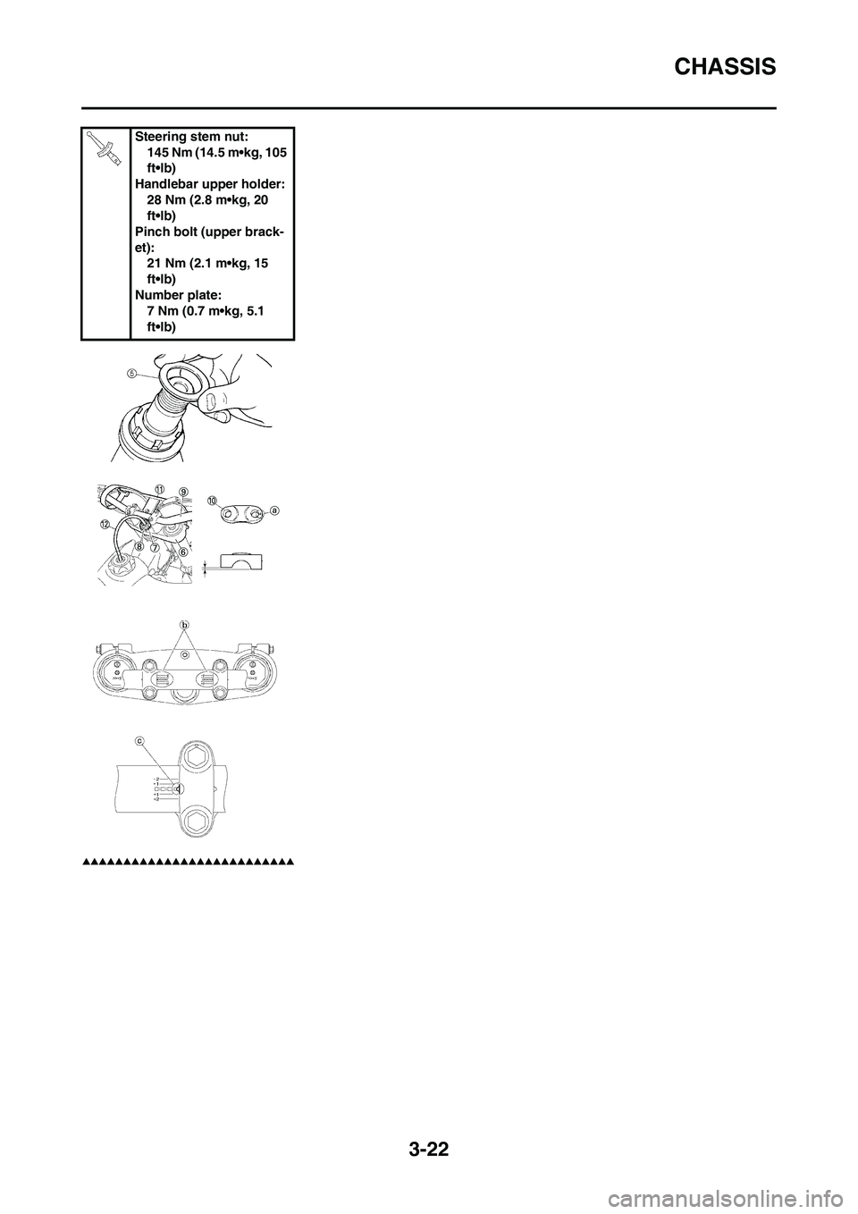 YAMAHA YZ450F 2009 Repair Manual 3-22
CHASSIS
Steering stem nut:
145 Nm (14.5 m•kg, 105 
ft•lb)
Handlebar upper holder:
28 Nm (2.8 m•kg, 20 
ft•lb)
Pinch bolt (upper brack-
et):
21 Nm (2.1 m•kg, 15 
ft•lb)
Number plate:
7
