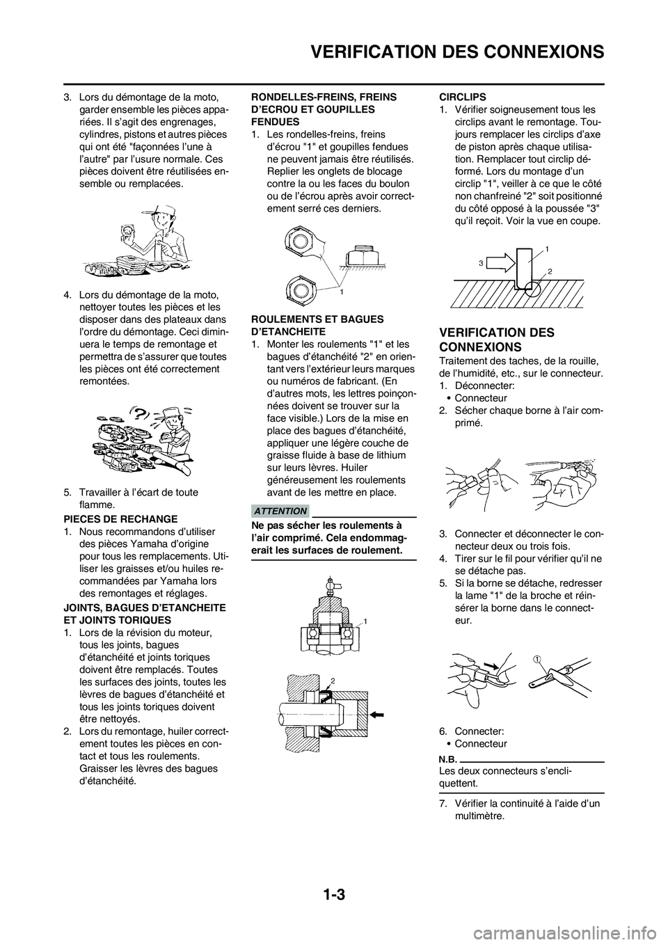 YAMAHA YZ450F 2009 Notices Demploi (in French) 1-3
VERIFICATION DES CONNEXIONS
3. Lors du démontage de la moto,
garder ensemble les pièces appa-
riées. Il s’agit des engrenages,
cylindres, pistons et autres pièces
qui ont été "façonné YAMAHA YZ450F 2009 Notices Demploi (in French) 1-3
VERIFICATION DES CONNEXIONS
3. Lors du démontage de la moto,
garder ensemble les pièces appa-
riées. Il s’agit des engrenages,
cylindres, pistons et autres pièces
qui ont été "façonné