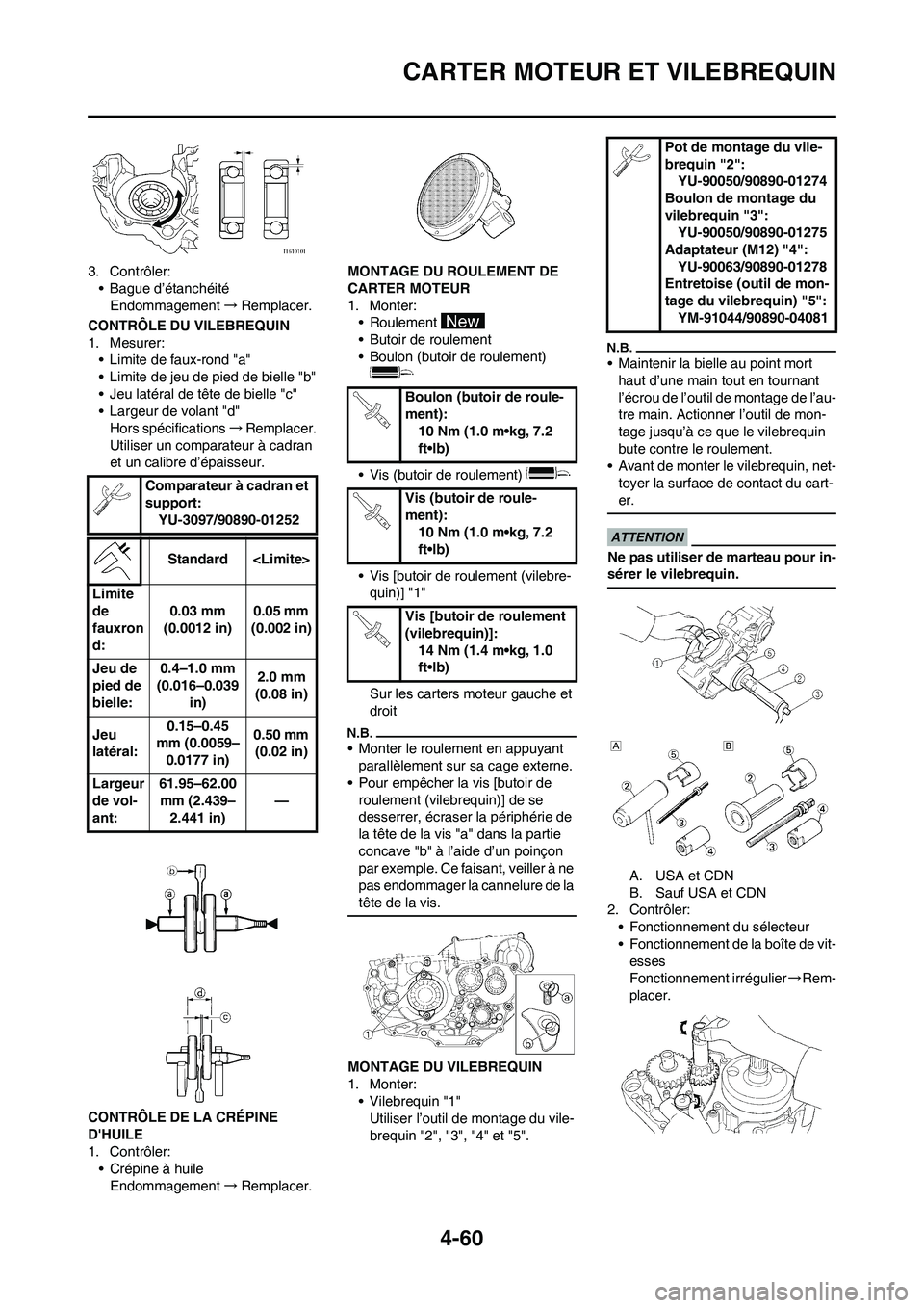 YAMAHA YZ450F 2009 Notices Demploi (in French) 4-60
CARTER MOTEUR ET VILEBREQUIN
3. Contrôler:
• Bague d’étanchéité
Endommagement→Remplacer.
CONTRÔLE DU VILEBREQUIN
1. Mesurer:
• Limite de faux-rond "a"
• Limite de jeu de pied de bi YAMAHA YZ450F 2009 Notices Demploi (in French) 4-60
CARTER MOTEUR ET VILEBREQUIN
3. Contrôler:
• Bague d’étanchéité
Endommagement→Remplacer.
CONTRÔLE DU VILEBREQUIN
1. Mesurer:
• Limite de faux-rond "a"
• Limite de jeu de pied de bi