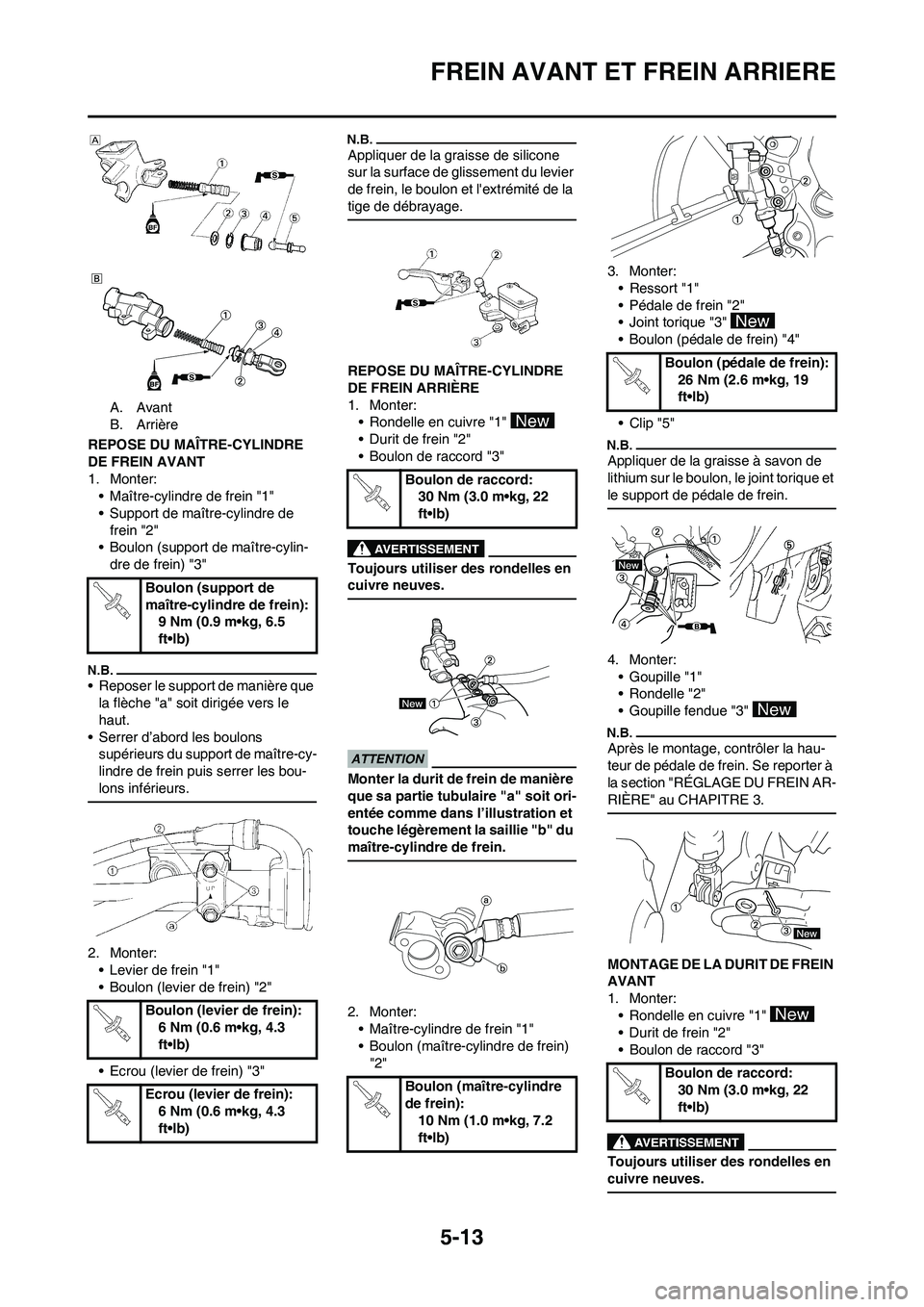 YAMAHA YZ450F 2009 Notices Demploi (in French) 5-13
FREIN AVANT ET FREIN ARRIERE
A. Avant
B. Arrière
REPOSE DU MAÎTRE-CYLINDRE
DE FREIN AVANT
1. Monter:
• Maître-cylindre de frein "1"
• Support de maître-cylindre de
frein "2"
• Boulon YAMAHA YZ450F 2009 Notices Demploi (in French) 5-13
FREIN AVANT ET FREIN ARRIERE
A. Avant
B. Arrière
REPOSE DU MAÎTRE-CYLINDRE
DE FREIN AVANT
1. Monter:
• Maître-cylindre de frein "1"
• Support de maître-cylindre de
frein "2"
• Boulon