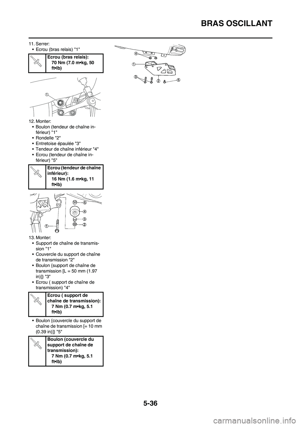 YAMAHA YZ450F 2009 Notices Demploi (in French) 5-36
BRAS OSCILLANT
11. Serrer:
• Ecrou (bras relais) "1"
12. Monter:
• Boulon (tendeur de chaîne in-
férieur) "1"
• Rondelle "2"
• Entretoise épaulée "3"
• Tendeur de chaîne inférieur YAMAHA YZ450F 2009 Notices Demploi (in French) 5-36
BRAS OSCILLANT
11. Serrer:
• Ecrou (bras relais) "1"
12. Monter:
• Boulon (tendeur de chaîne in-
férieur) "1"
• Rondelle "2"
• Entretoise épaulée "3"
• Tendeur de chaîne inférieur