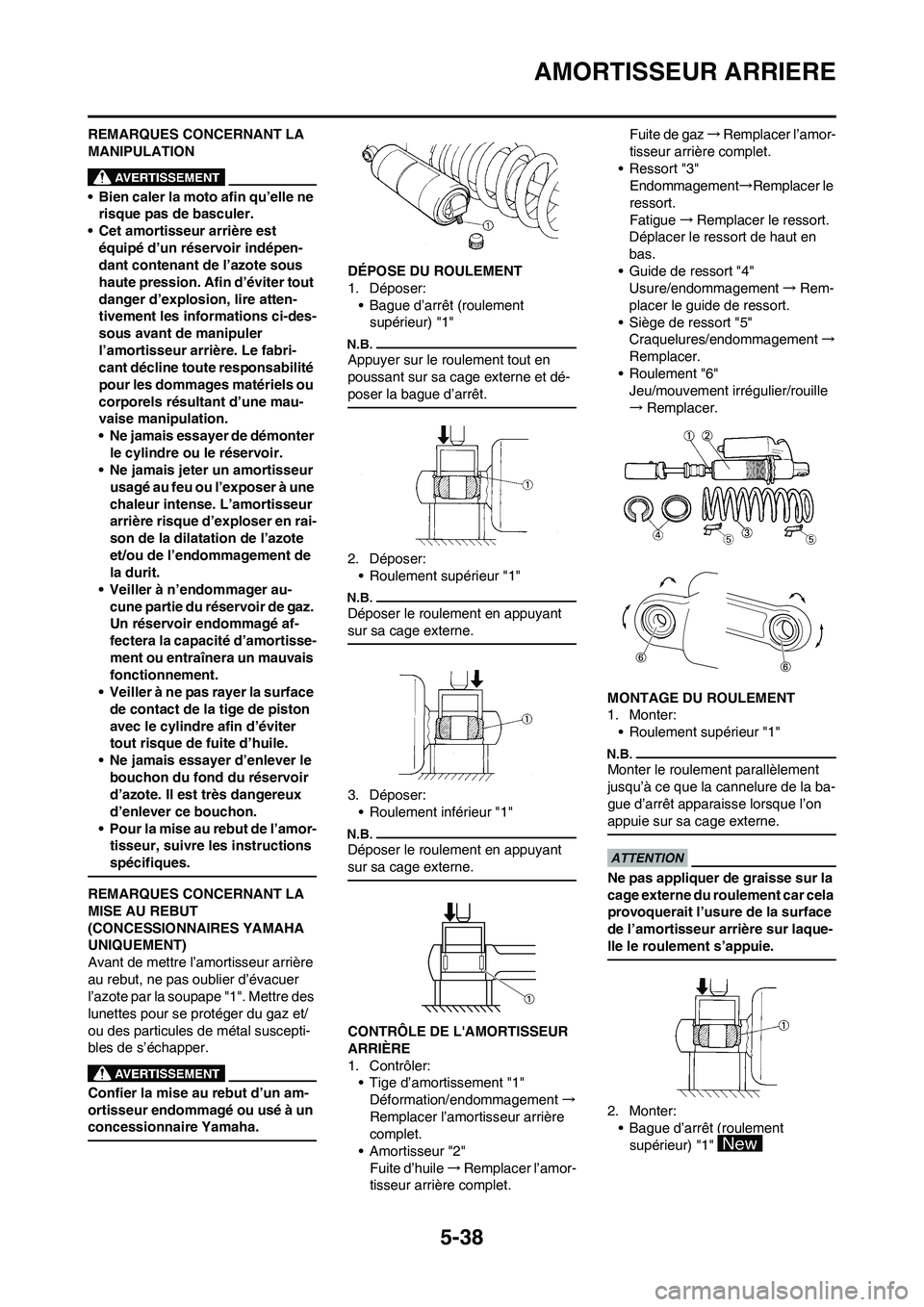 YAMAHA YZ450F 2009 Notices Demploi (in French) 5-38
AMORTISSEUR ARRIERE
REMARQUES CONCERNANT LA
MANIPULATION
• Bien caler la moto afin qu’elle ne
risque pas de basculer.
• Cet amortisseur arrière est
équipé d’un réservoir indépen-
YAMAHA YZ450F 2009 Notices Demploi (in French) 5-38
AMORTISSEUR ARRIERE
REMARQUES CONCERNANT LA
MANIPULATION
• Bien caler la moto afin qu’elle ne
risque pas de basculer.
• Cet amortisseur arrière est
équipé d’un réservoir indépen-