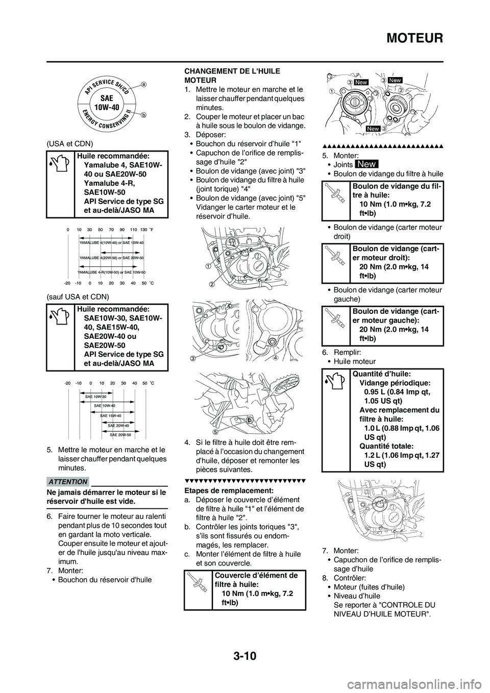 YAMAHA YZ450F 2009 Notices Demploi (in French) 3-10
MOTEUR
(USA et CDN)
(sauf USA et CDN)
5. Mettre le moteur en marche et le
laisser chauffer pendant quelques
minutes.
Ne jamais démarrer le moteur si le
réservoir dhuile est vide.
6. Faire t YAMAHA YZ450F 2009 Notices Demploi (in French) 3-10
MOTEUR
(USA et CDN)
(sauf USA et CDN)
5. Mettre le moteur en marche et le
laisser chauffer pendant quelques
minutes.
Ne jamais démarrer le moteur si le
réservoir dhuile est vide.
6. Faire t