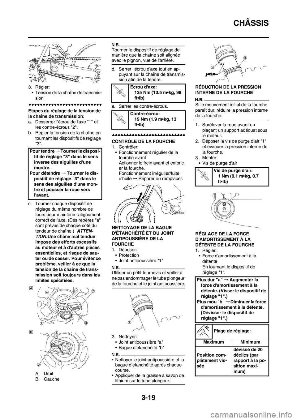 YAMAHA YZ450F 2009 Notices Demploi (in French) 3-19
CHÂSSIS
3. Régler:
• Tension de la chaîne de transmis-
sion
Etapes du réglage de la tension de
la chaîne de transmission:
a. Desserrer lécrou de laxe "1" et
les contre-écrous "2".
b. YAMAHA YZ450F 2009 Notices Demploi (in French) 3-19
CHÂSSIS
3. Régler:
• Tension de la chaîne de transmis-
sion
Etapes du réglage de la tension de
la chaîne de transmission:
a. Desserrer lécrou de laxe "1" et
les contre-écrous "2".
b.