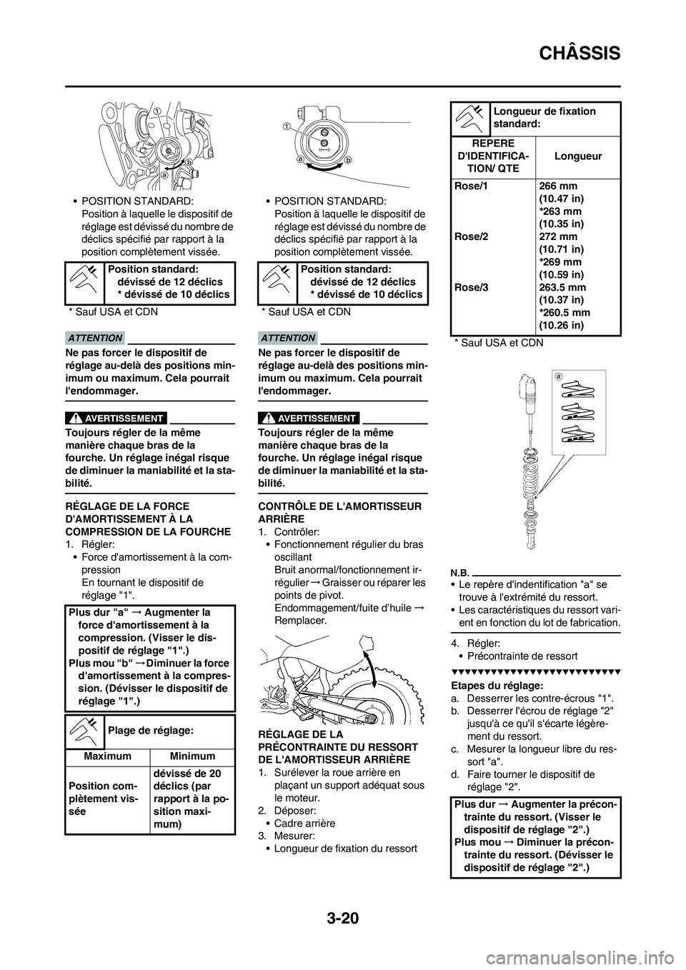 YAMAHA YZ450F 2009 Notices Demploi (in French) 3-20
CHÂSSIS
• POSITION STANDARD:
Position à laquelle le dispositif de
réglage est dévissé du nombre de
déclics spécifié par rapport à la
position complètement vissée.
Ne pas forcer le YAMAHA YZ450F 2009 Notices Demploi (in French) 3-20
CHÂSSIS
• POSITION STANDARD:
Position à laquelle le dispositif de
réglage est dévissé du nombre de
déclics spécifié par rapport à la
position complètement vissée.
Ne pas forcer le