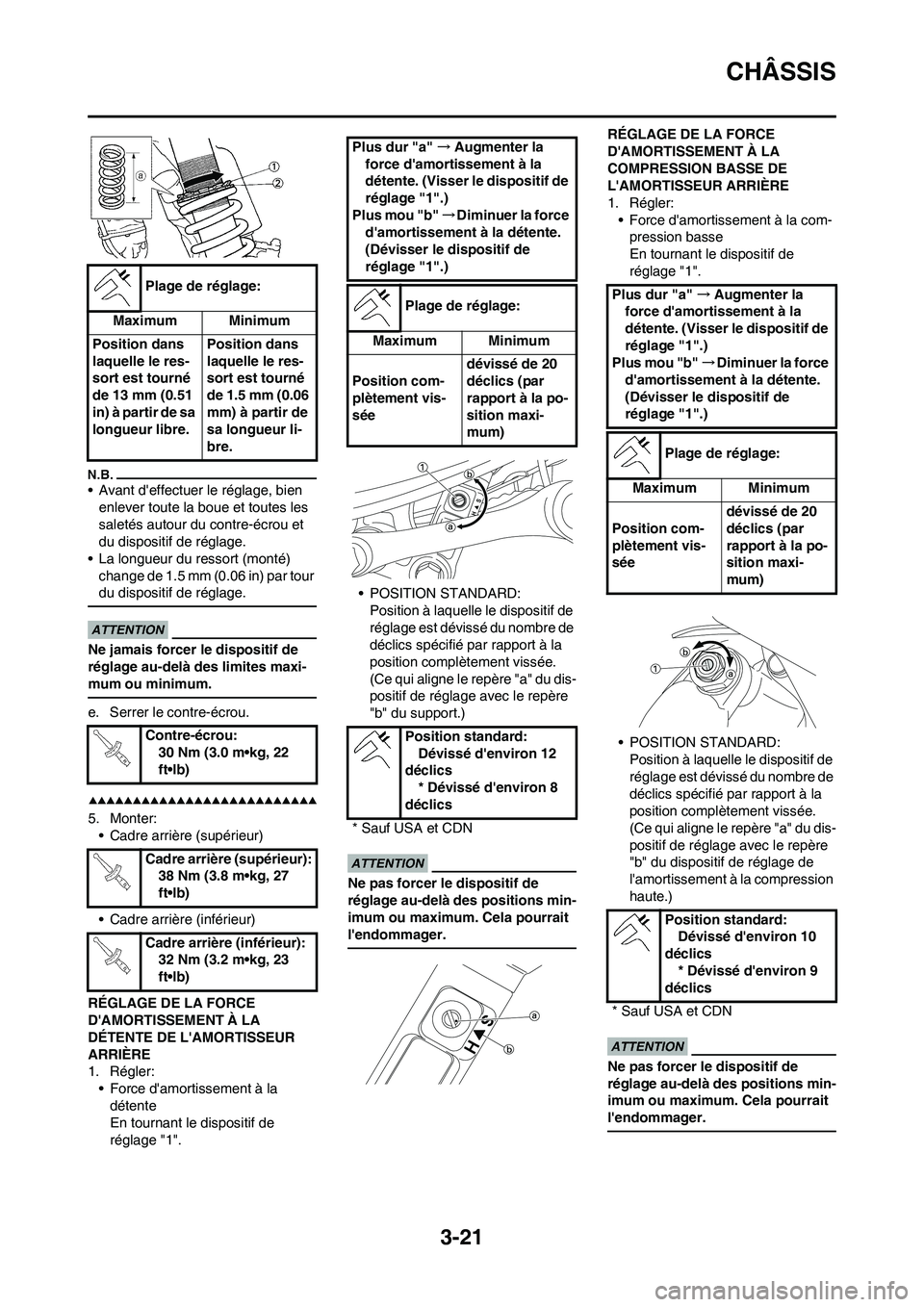 YAMAHA YZ450F 2009 Notices Demploi (in French) 3-21
CHÂSSIS
• Avant deffectuer le réglage, bien
enlever toute la boue et toutes les
saletés autour du contre-écrou et
du dispositif de réglage.
• La longueur du ressort (monté)
change YAMAHA YZ450F 2009 Notices Demploi (in French) 3-21
CHÂSSIS
• Avant deffectuer le réglage, bien
enlever toute la boue et toutes les
saletés autour du contre-écrou et
du dispositif de réglage.
• La longueur du ressort (monté)
change