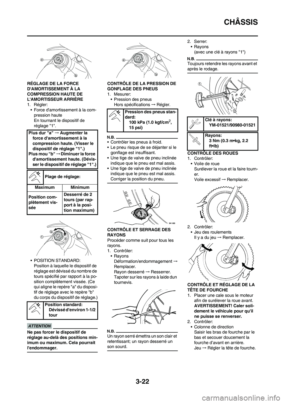 YAMAHA YZ450F 2009 Notices Demploi (in French) 3-22
CHÂSSIS
RÉGLAGE DE LA FORCE
DAMORTISSEMENT À LA
COMPRESSION HAUTE DE
LAMORTISSEUR ARRIÈRE
1. Régler:
• Force damortissement à la com-
pression haute
En tournant le dispositif de
rà YAMAHA YZ450F 2009 Notices Demploi (in French) 3-22
CHÂSSIS
RÉGLAGE DE LA FORCE
DAMORTISSEMENT À LA
COMPRESSION HAUTE DE
LAMORTISSEUR ARRIÈRE
1. Régler:
• Force damortissement à la com-
pression haute
En tournant le dispositif de
rÃ