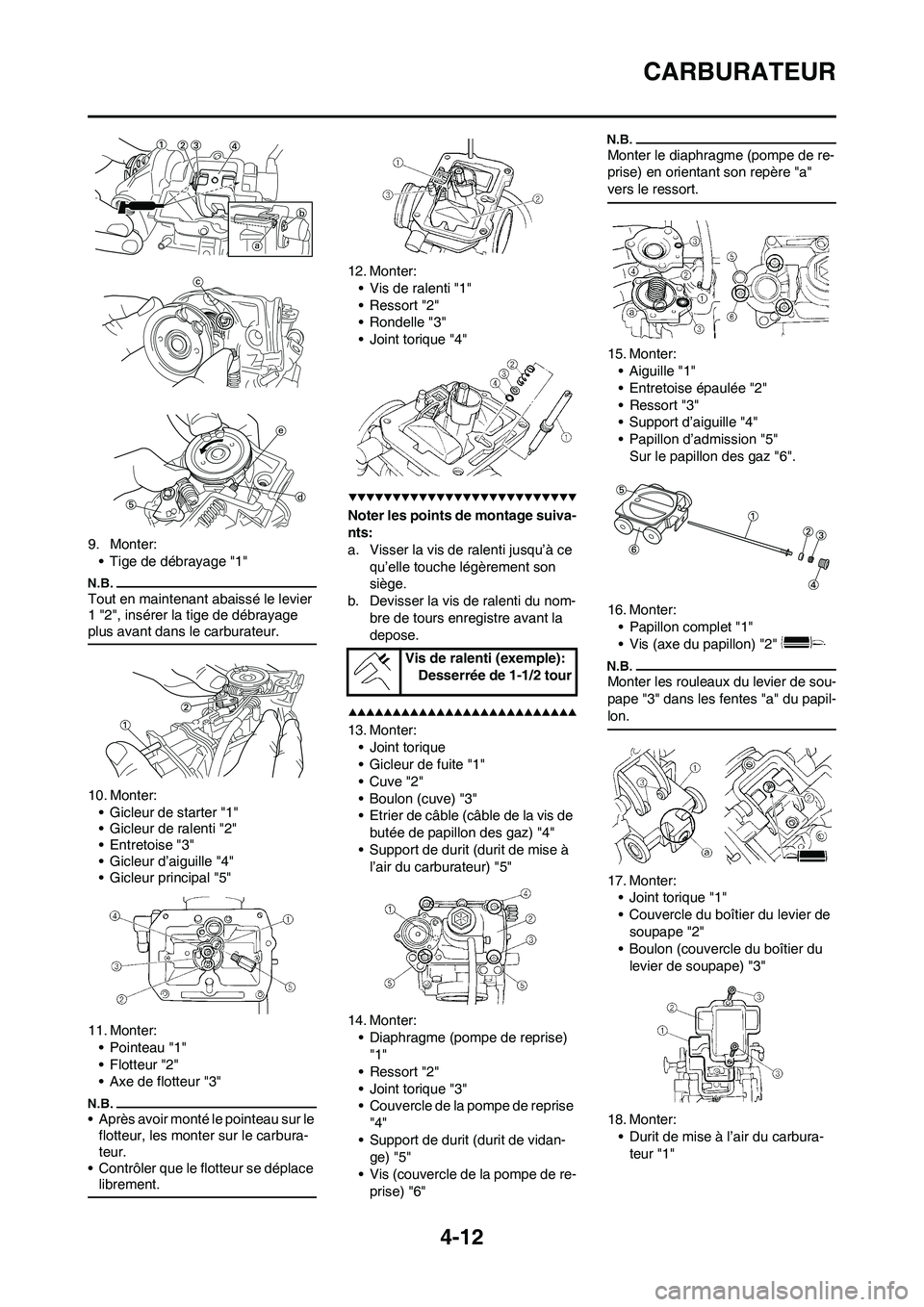 YAMAHA YZ450F 2009 Notices Demploi (in French) 4-12
CARBURATEUR
9. Monter:
• Tige de débrayage "1"
Tout en maintenant abaissé le levier
1 "2", insérer la tige de débrayage
plus avant dans le carburateur.
10. Monter:
• Gicleur de starter YAMAHA YZ450F 2009 Notices Demploi (in French) 4-12
CARBURATEUR
9. Monter:
• Tige de débrayage "1"
Tout en maintenant abaissé le levier
1 "2", insérer la tige de débrayage
plus avant dans le carburateur.
10. Monter:
• Gicleur de starter
