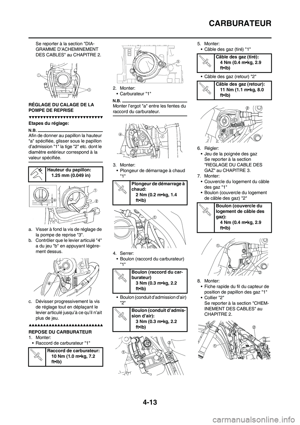 YAMAHA YZ450F 2009 Notices Demploi (in French) 4-13
CARBURATEUR
Se reporter à la section "DIA-
GRAMME D’ACHEMINEMENT
DES CABLES" au CHAPITRE 2.
RÉGLAGE DU CALAGE DE LA
POMPE DE REPRISE
Etapes du réglage:
Afin de donner au papillon la hauteu YAMAHA YZ450F 2009 Notices Demploi (in French) 4-13
CARBURATEUR
Se reporter à la section "DIA-
GRAMME D’ACHEMINEMENT
DES CABLES" au CHAPITRE 2.
RÉGLAGE DU CALAGE DE LA
POMPE DE REPRISE
Etapes du réglage:
Afin de donner au papillon la hauteu