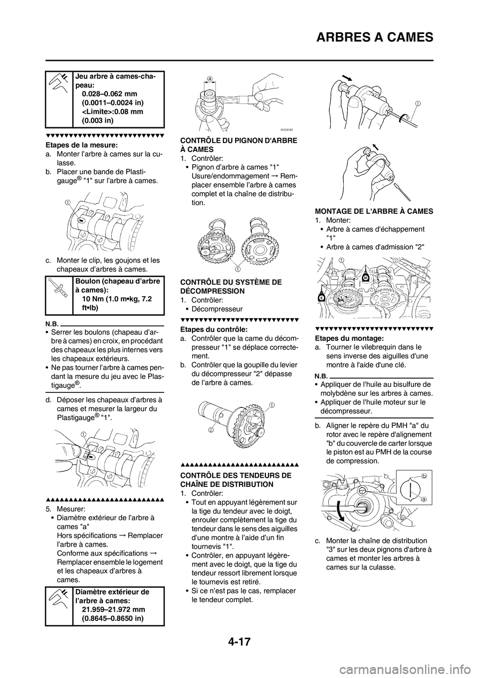 YAMAHA YZ450F 2009 Notices Demploi (in French) 4-17
ARBRES A CAMES
Etapes de la mesure:
a. Monter l’arbre à cames sur la cu-
lasse.
b. Placer une bande de Plasti-
gauge
® "1" sur l’arbre à cames.
c. Monter le clip, les goujons et les
chape YAMAHA YZ450F 2009 Notices Demploi (in French) 4-17
ARBRES A CAMES
Etapes de la mesure:
a. Monter l’arbre à cames sur la cu-
lasse.
b. Placer une bande de Plasti-
gauge
® "1" sur l’arbre à cames.
c. Monter le clip, les goujons et les
chape