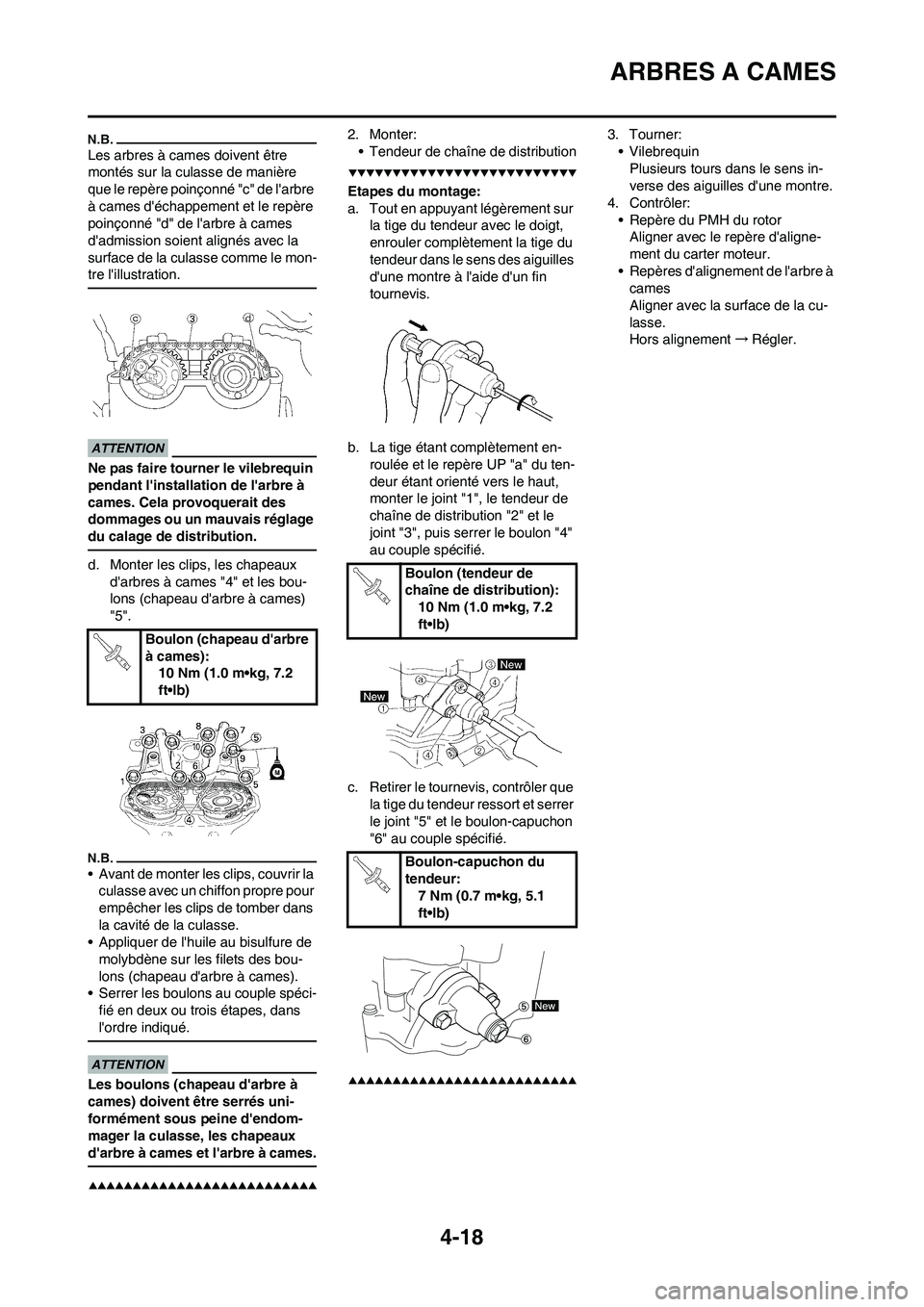 YAMAHA YZ450F 2009 Notices Demploi (in French) 4-18
ARBRES A CAMES
Les arbres à cames doivent être
montés sur la culasse de manière
que le repère poinçonné "c" de larbre
à cames déchappement et le repère
poinçonné "d" de larbre YAMAHA YZ450F 2009 Notices Demploi (in French) 4-18
ARBRES A CAMES
Les arbres à cames doivent être
montés sur la culasse de manière
que le repère poinçonné "c" de larbre
à cames déchappement et le repère
poinçonné "d" de larbre