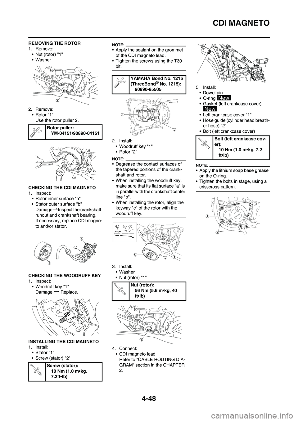 YAMAHA YZ450F 2008 Owners Manual 4-48
CDI MAGNETO
REMOVING THE ROTOR
1. Remove:
• Nut (rotor) "1"
• Washer
2. Remove:
• Rotor "1"
Use the rotor puller 2.
CHECKING THE CDI MAGNETO
1. Inspect:
• Rotor inner surface "a"
• Stat YAMAHA YZ450F 2008 Owners Manual 4-48
CDI MAGNETO
REMOVING THE ROTOR
1. Remove:
• Nut (rotor) "1"
• Washer
2. Remove:
• Rotor "1"
Use the rotor puller 2.
CHECKING THE CDI MAGNETO
1. Inspect:
• Rotor inner surface "a"
• Stat