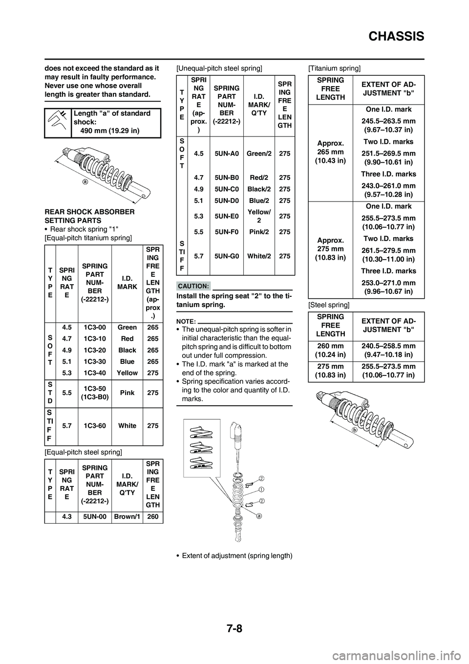 YAMAHA YZ450F 2008 User Guide 7-8
CHASSIS
does not exceed the standard as it 
may result in faulty performance. 
Never use one whose overall 
length is greater than standard.
REAR SHOCK ABSORBER 
SETTING PARTS
• Rear shock sprin