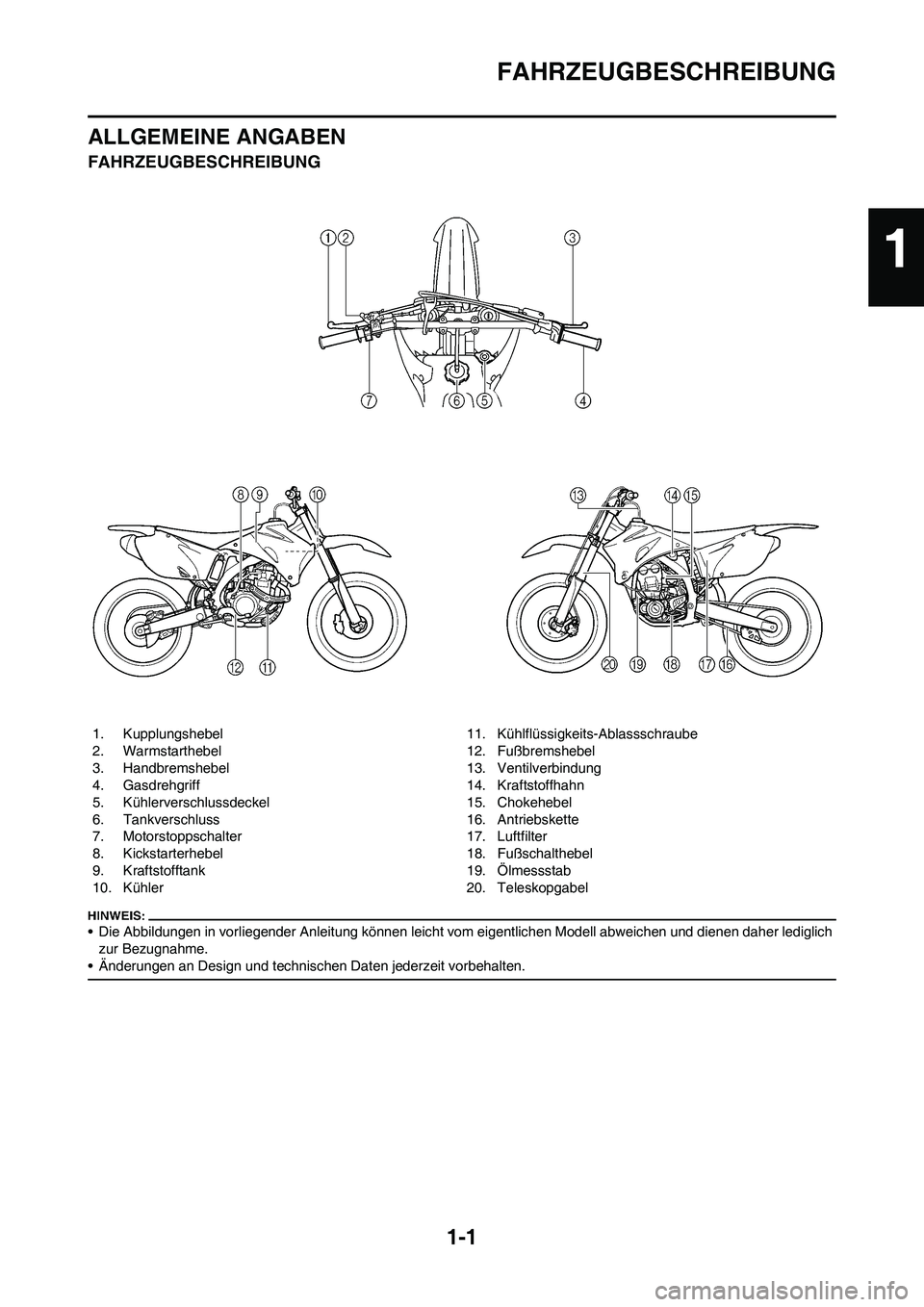 YAMAHA YZ450F 2008 Betriebsanleitungen (in German) 1-1
FAHRZEUGBESCHREIBUNG
ALLGEMEINE ANGABEN
FAHRZEUGBESCHREIBUNG
• Die Abbildungen in vorliegender Anleitung können leicht vom eigentlichen Modell abweichen und dienen daher lediglich
zur Bezugnah YAMAHA YZ450F 2008 Betriebsanleitungen (in German) 1-1
FAHRZEUGBESCHREIBUNG
ALLGEMEINE ANGABEN
FAHRZEUGBESCHREIBUNG
• Die Abbildungen in vorliegender Anleitung können leicht vom eigentlichen Modell abweichen und dienen daher lediglich
zur Bezugnah