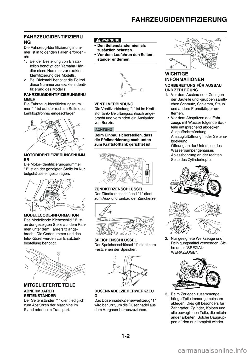 YAMAHA YZ450F 2008 Betriebsanleitungen (in German) 1-2
FAHRZEUGIDENTIFIZIERUNG
FAHRZEUGIDENTIFIZIERU
NG
Die Fahrzeug-Identifizierungsnum-
mer ist in folgenden Fällen erforderli-
ch:
1. Bei der Bestellung von Ersatz-
teilen benötigt der Yamaha-Hän-
YAMAHA YZ450F 2008 Betriebsanleitungen (in German) 1-2
FAHRZEUGIDENTIFIZIERUNG
FAHRZEUGIDENTIFIZIERU
NG
Die Fahrzeug-Identifizierungsnum-
mer ist in folgenden Fällen erforderli-
ch:
1. Bei der Bestellung von Ersatz-
teilen benötigt der Yamaha-Hän-