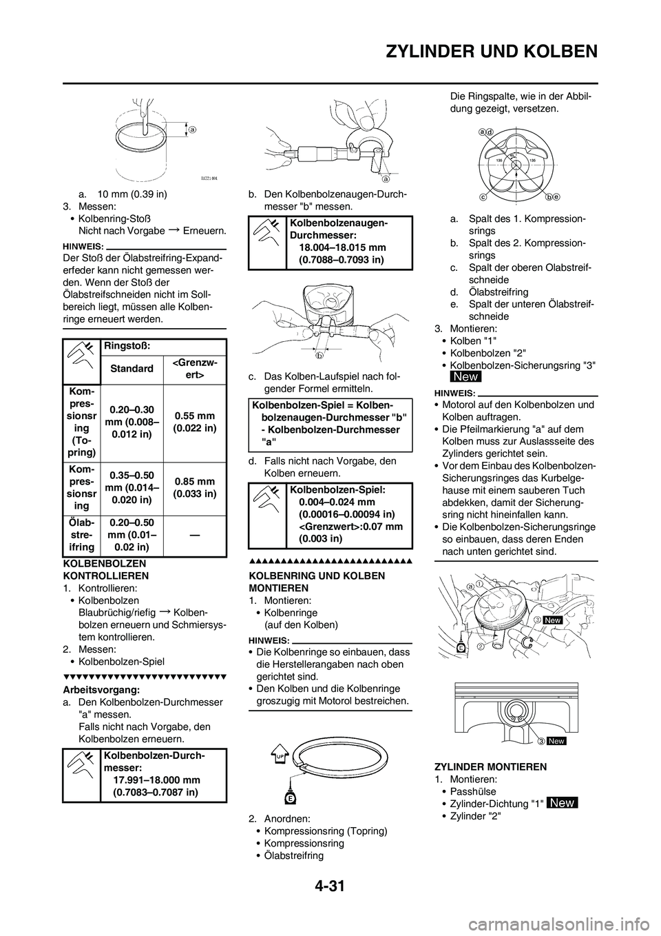 YAMAHA YZ450F 2008 Betriebsanleitungen (in German) 4-31
ZYLINDER UND KOLBEN
a. 10 mm (0.39 in)
3. Messen:
• Kolbenring-Stoß
Nicht nach Vorgabe
→Erneuern.
Der Stoß der Ölabstreifring-Expand-
erfeder kann nicht gemessen wer-
den. Wenn der Stoß d YAMAHA YZ450F 2008 Betriebsanleitungen (in German) 4-31
ZYLINDER UND KOLBEN
a. 10 mm (0.39 in)
3. Messen:
• Kolbenring-Stoß
Nicht nach Vorgabe
→Erneuern.
Der Stoß der Ölabstreifring-Expand-
erfeder kann nicht gemessen wer-
den. Wenn der Stoß d