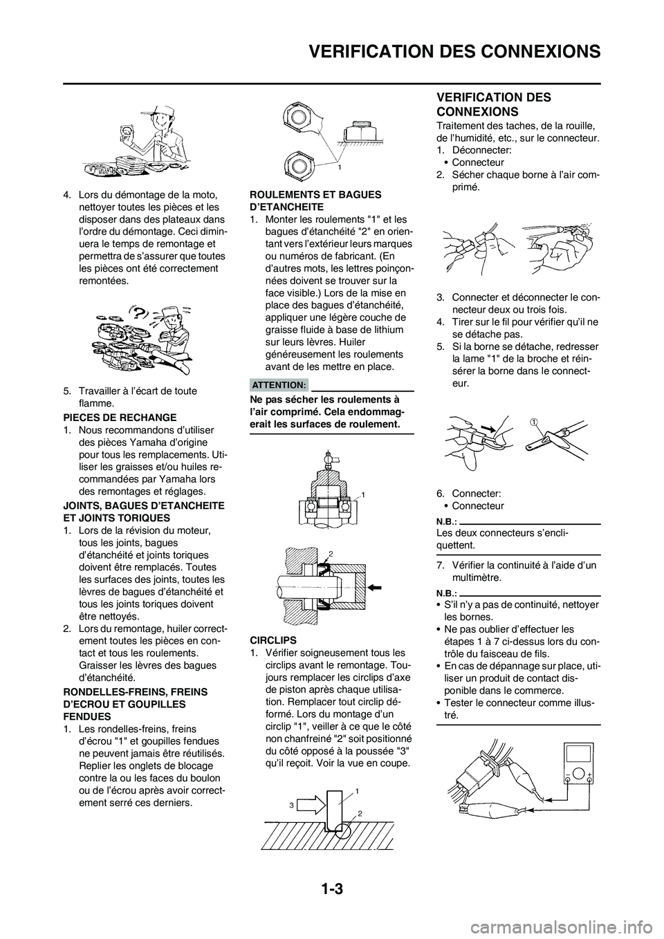 YAMAHA YZ450F 2008  Notices Demploi (in French) 1-3
VERIFICATION DES CONNEXIONS
4. Lors du démontage de la moto, 
nettoyer toutes les pièces et les 
disposer dans des plateaux dans 
l’ordre du démontage. Ceci dimin-
uera le temps de remontage 