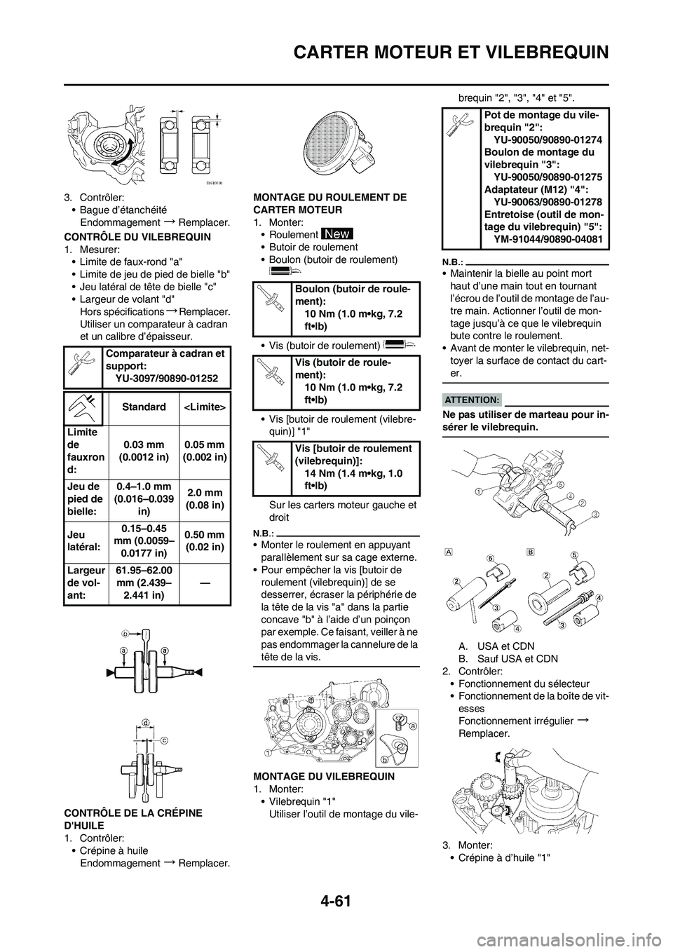 YAMAHA YZ450F 2008  Notices Demploi (in French) 4-61
CARTER MOTEUR ET VILEBREQUIN
3. Contrôler:
• Bague d’étanchéité
Endommagement
→Remplacer.
CONTRÔLE DU VILEBREQUIN
1. Mesurer:
• Limite de faux-rond "a"
• Limite de jeu de pied de b
