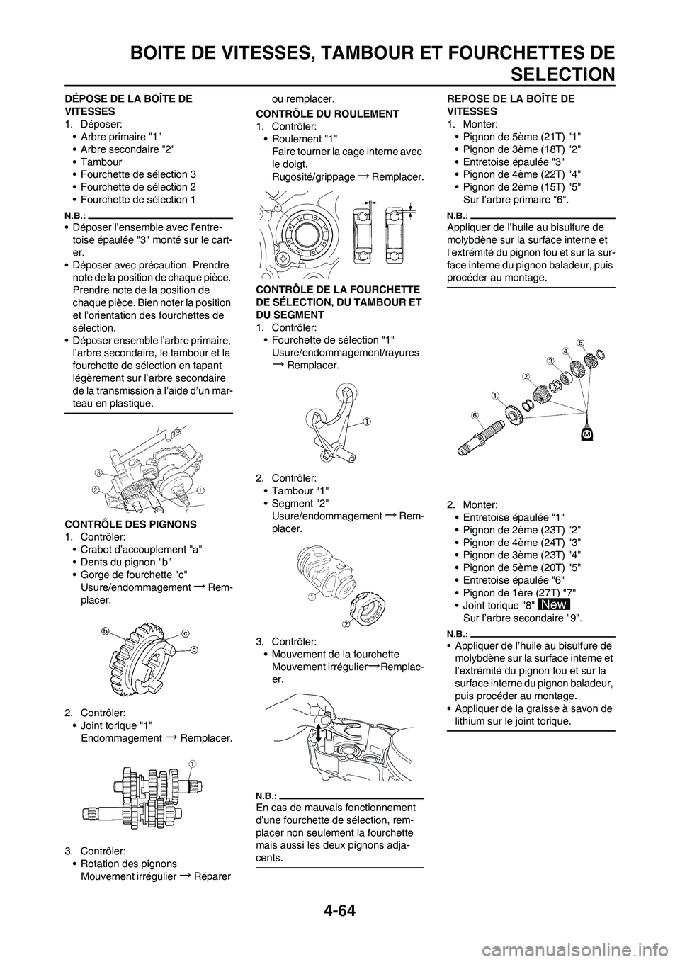 YAMAHA YZ450F 2008  Notices Demploi (in French) 4-64
BOITE DE VITESSES, TAMBOUR ET FOURCHETTES DE
SELECTION
DÉPOSE DE LA BOÎTE DE 
VITESSES
1. Déposer:
• Arbre primaire "1"
• Arbre secondaire "2"
• Tambour
• Fourchette de sélection 3
