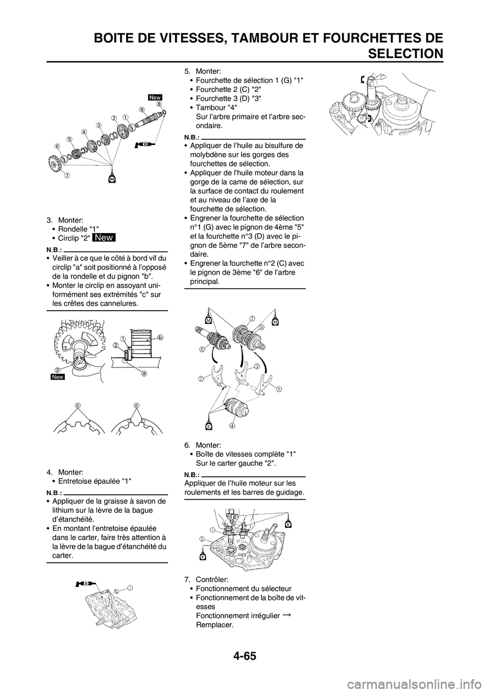 YAMAHA YZ450F 2008  Notices Demploi (in French) 4-65
BOITE DE VITESSES, TAMBOUR ET FOURCHETTES DE
SELECTION
3. Monter:
• Rondelle "1"
• Circlip "2" 
• Veiller à ce que le côté à bord vif du 
circlip "a" soit positionné à l’opposé 
de