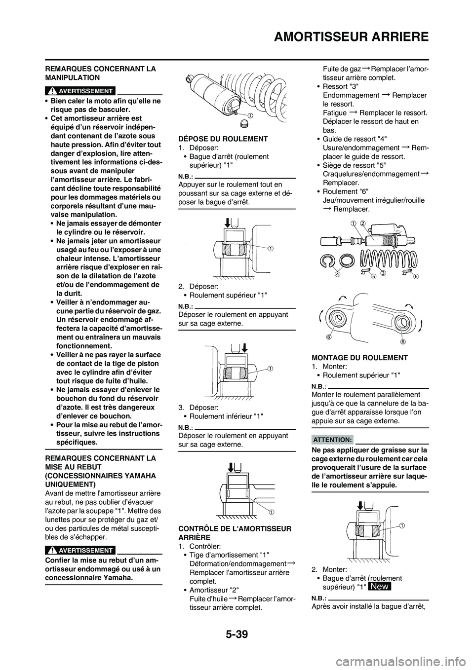 YAMAHA YZ450F 2008  Notices Demploi (in French) 5-39
AMORTISSEUR ARRIERE
REMARQUES CONCERNANT LA 
MANIPULATION
• Bien caler la moto afin qu’elle ne 
risque pas de basculer.
• Cet amortisseur arrière est 
équipé d’un réservoir indépen-
