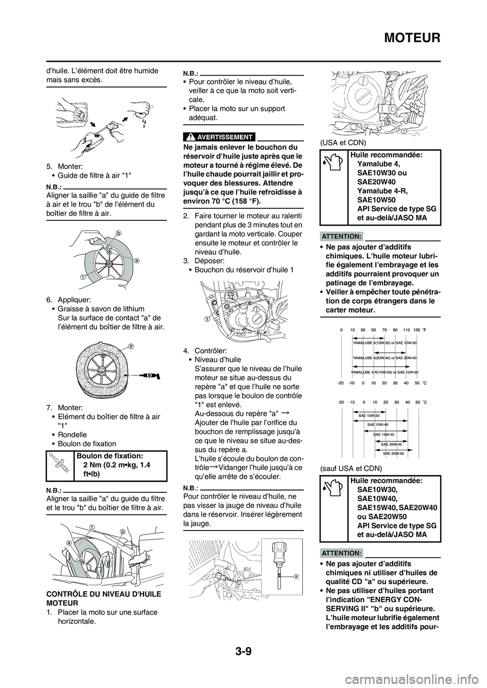 YAMAHA YZ450F 2008  Notices Demploi (in French) 3-9
MOTEUR
d’huile. L’élément doit être humide 
mais sans excès.
5. Monter:
• Guide de filtre à air "1"
Aligner la saillie "a" du guide de filtre 
à air et le trou "b" de l’élément du 