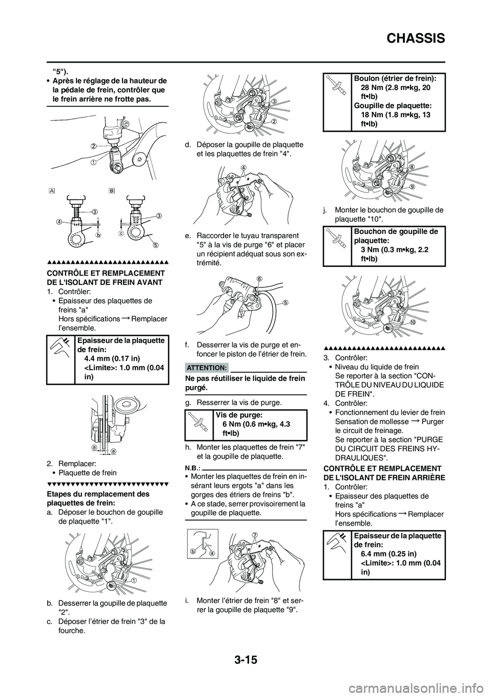 YAMAHA YZ450F 2008  Notices Demploi (in French) 3-15
CHASSIS
"5").
• Après le réglage de la hauteur de 
la pédale de frein, contrôler que 
le frein arrière ne frotte pas.
CONTRÔLE ET REMPLACEMENT 
DE LISOLANT DE FREIN AVANT
1. Contrôler:
