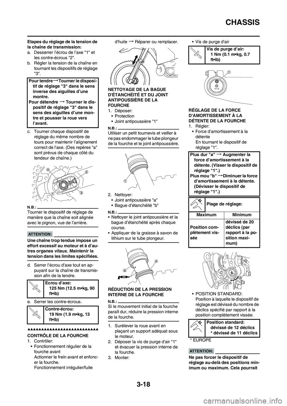 YAMAHA YZ450F 2008  Notices Demploi (in French) 3-18
CHASSIS
Etapes du réglage de la tension de 
la chaîne de transmission:
a. Desserrer l’écrou de l’axe "1" et 
les contre-écrous "2".
b. Régler la tension de la chaîne en 
tournant les di