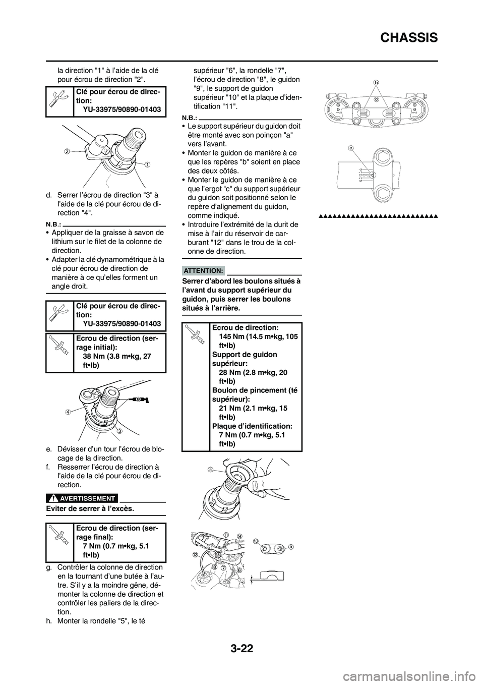 YAMAHA YZ450F 2008  Notices Demploi (in French) 3-22
CHASSIS
la direction "1" à l’aide de la clé 
pour écrou de direction "2".
d. Serrer l’écrou de direction "3" à 
l’aide de la clé pour écrou de di-
rection "4".
• Appliquer de la gr