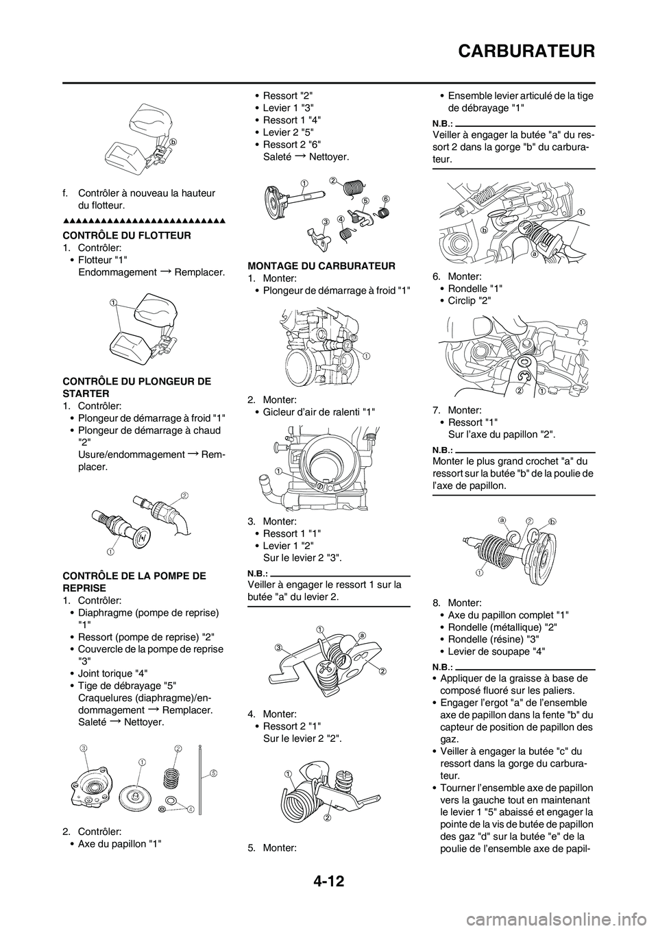 YAMAHA YZ450F 2008  Notices Demploi (in French) 4-12
CARBURATEUR
f. Contrôler à nouveau la hauteur 
du flotteur.
CONTRÔLE DU FLOTTEUR
1. Contrôler:
• Flotteur "1"
Endommagement
→Remplacer.
CONTRÔLE DU PLONGEUR DE 
STARTER
1. Contrôler:
