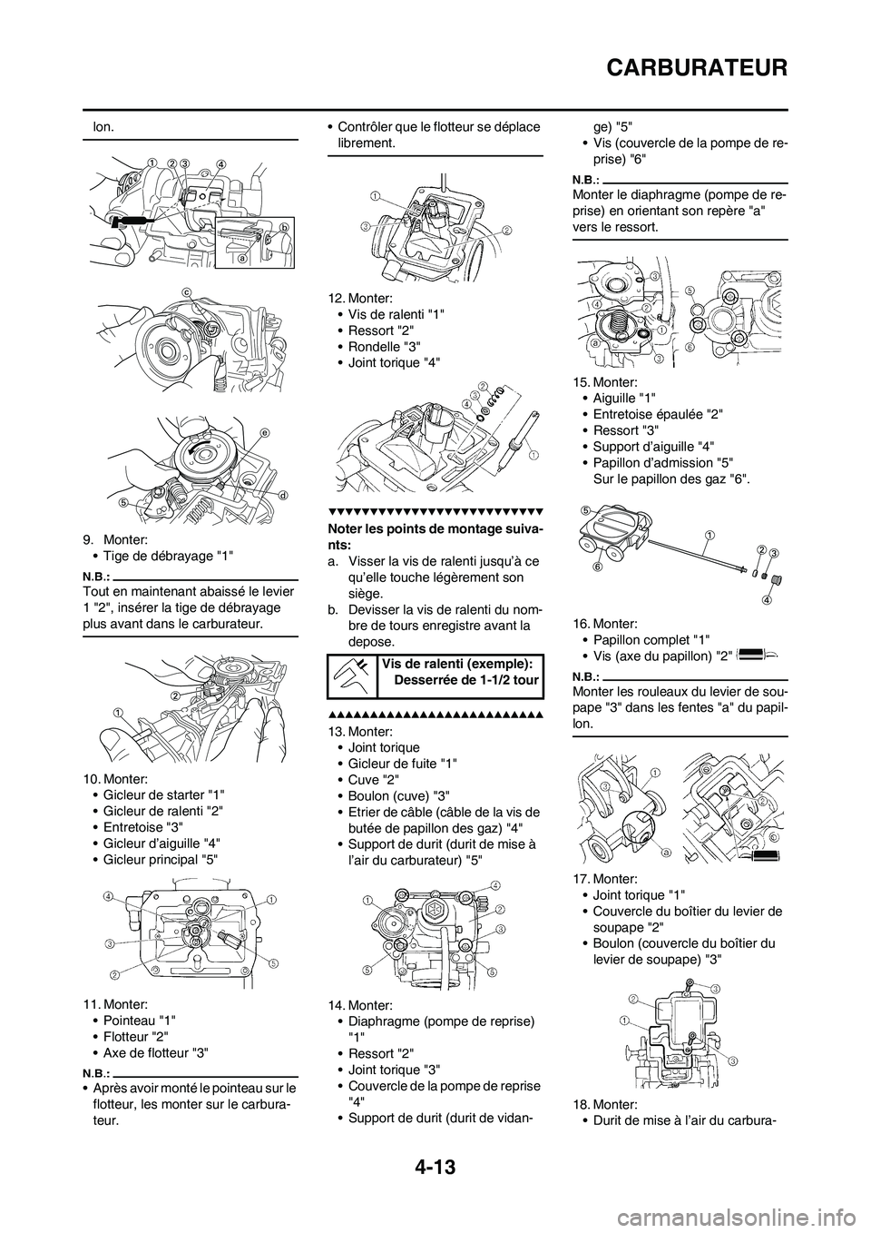 YAMAHA YZ450F 2008  Notices Demploi (in French) 4-13
CARBURATEUR
lon.
9. Monter:
• Tige de débrayage "1"
Tout en maintenant abaissé le levier 
1 "2", insérer la tige de débrayage 
plus avant dans le carburateur. 
10. Monter:
• Gicleur de st