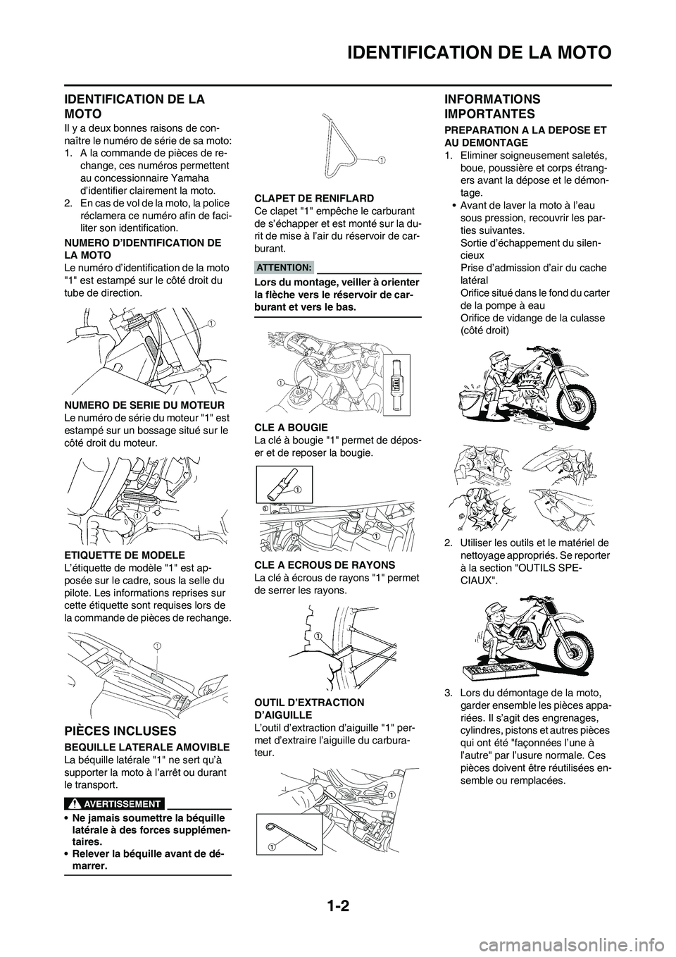 YAMAHA YZ450F 2008 Notices Demploi (in French) 1-2
IDENTIFICATION DE LA MOTO
IDENTIFICATION DE LA
MOTO
Il y a deux bonnes raisons de con-
naître le numéro de série de sa moto:
1. A la commande de pièces de re-
change, ces numéros permettent YAMAHA YZ450F 2008 Notices Demploi (in French) 1-2
IDENTIFICATION DE LA MOTO
IDENTIFICATION DE LA
MOTO
Il y a deux bonnes raisons de con-
naître le numéro de série de sa moto:
1. A la commande de pièces de re-
change, ces numéros permettent