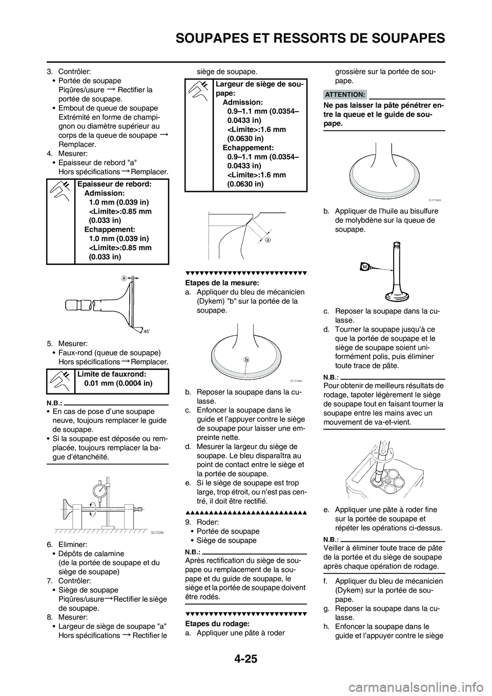 YAMAHA YZ450F 2008  Notices Demploi (in French) 4-25
SOUPAPES ET RESSORTS DE SOUPAPES
3. Contrôler:
• Portée de soupape
Piqûres/usure
→Rectifier la 
portée de soupape.
• Embout de queue de soupape
Extrémité en forme de champi-
gnon ou d