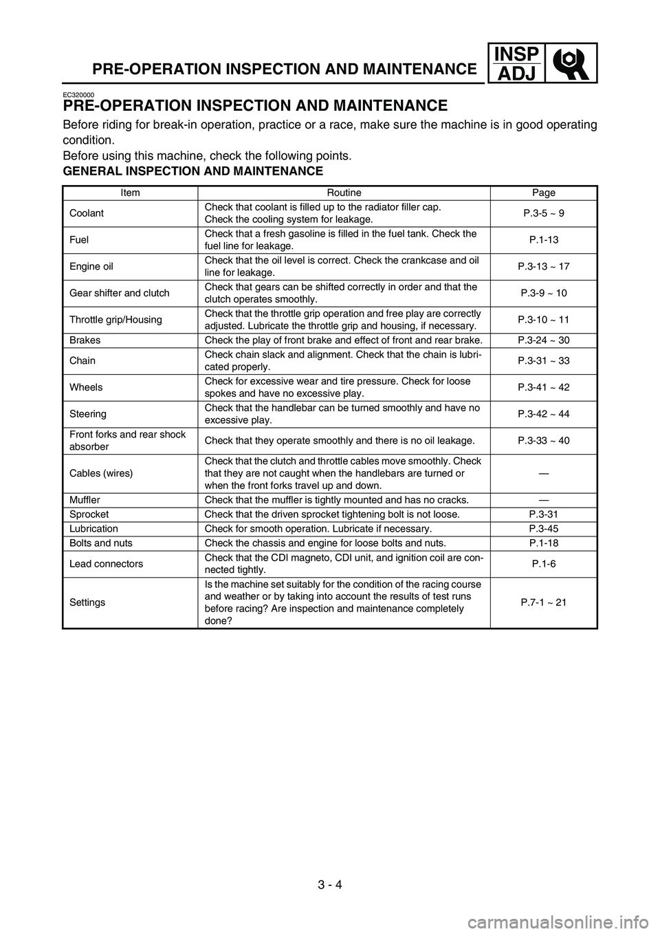 YAMAHA YZ450F 2007 Owners Guide 3 - 4
INSP
ADJ
PRE-OPERATION INSPECTION AND MAINTENANCE
EC320000
PRE-OPERATION INSPECTION AND MAINTENANCE
Before riding for break-in operation, practice or a race, make sure the machine is in good ope YAMAHA YZ450F 2007 Owners Guide 3 - 4
INSP
ADJ
PRE-OPERATION INSPECTION AND MAINTENANCE
EC320000
PRE-OPERATION INSPECTION AND MAINTENANCE
Before riding for break-in operation, practice or a race, make sure the machine is in good ope