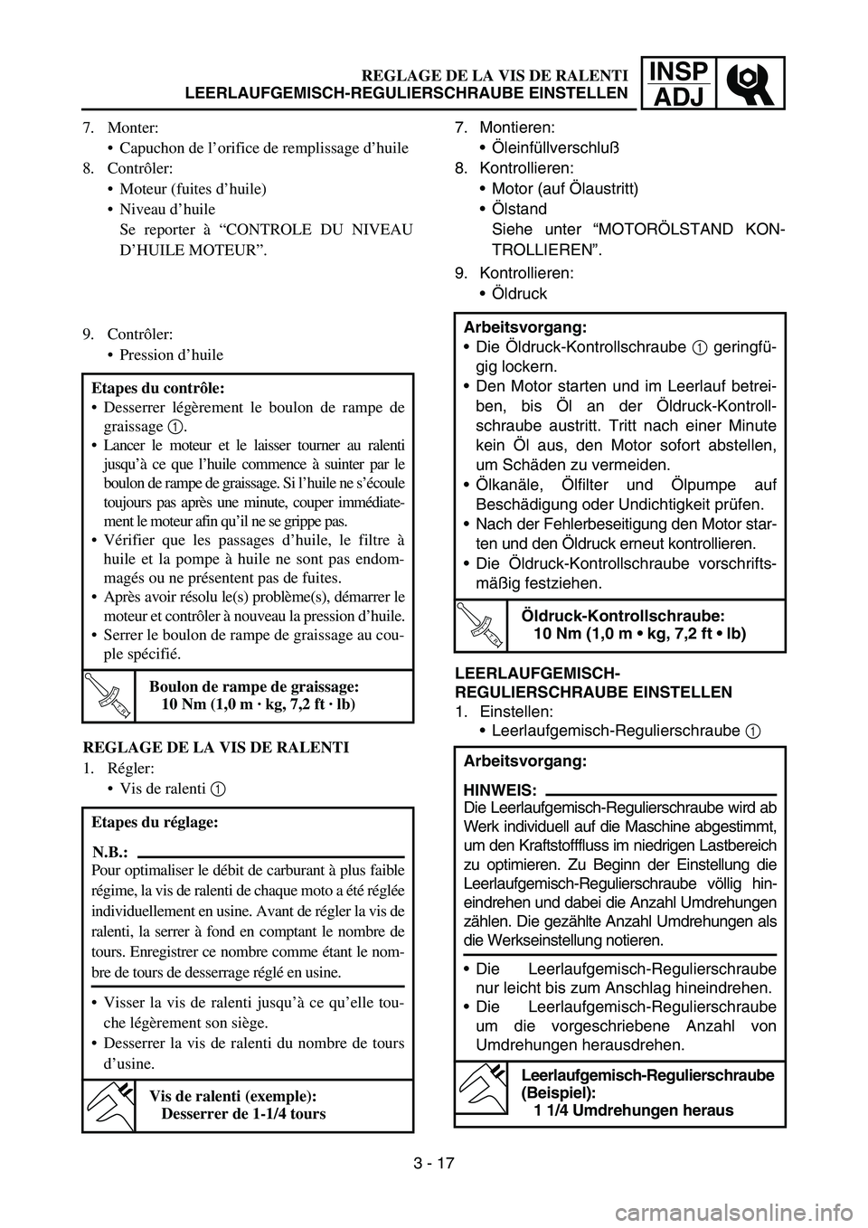 YAMAHA YZ450F 2007 Owners Manual INSP
ADJREGLAGE DE LA VIS DE RALENTI
LEERLAUFGEMISCH-REGULIERSCHRAUBE EINSTELLEN
7. Montieren:
Öleinfüllverschluß
8. Kontrollieren:
Motor (auf Ölaustritt)
Ölstand
Siehe unter “MOTORÖLSTAND YAMAHA YZ450F 2007 Owners Manual INSP
ADJREGLAGE DE LA VIS DE RALENTI
LEERLAUFGEMISCH-REGULIERSCHRAUBE EINSTELLEN
7. Montieren:
Öleinfüllverschluß
8. Kontrollieren:
Motor (auf Ölaustritt)
Ölstand
Siehe unter “MOTORÖLSTAND
