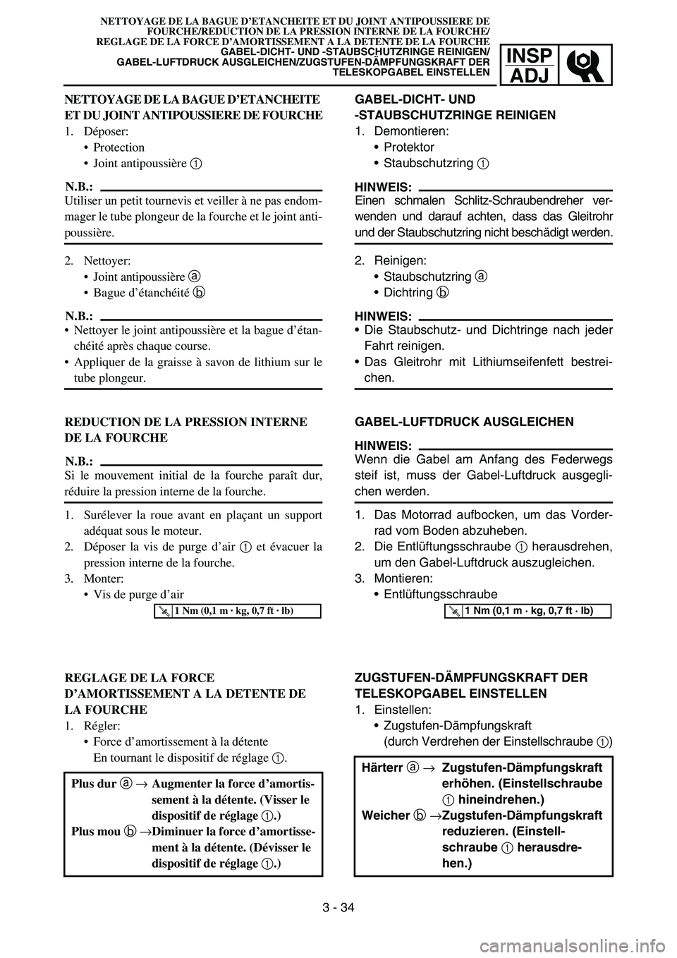 YAMAHA YZ450F 2007 Owners Manual INSP
ADJ
NETTOYAGE DE LA BAGUE D’ETANCHEITE ET DU JOINT ANTIPOUSSIERE DE
FOURCHE/REDUCTION DE LA PRESSION INTERNE DE LA FOURCHE/
REGLAGE DE LA FORCE D’AMORTISSEMENT A LA DETENTE DE LA FOURCHE
GABE YAMAHA YZ450F 2007 Owners Manual INSP
ADJ
NETTOYAGE DE LA BAGUE D’ETANCHEITE ET DU JOINT ANTIPOUSSIERE DE
FOURCHE/REDUCTION DE LA PRESSION INTERNE DE LA FOURCHE/
REGLAGE DE LA FORCE D’AMORTISSEMENT A LA DETENTE DE LA FOURCHE
GABE