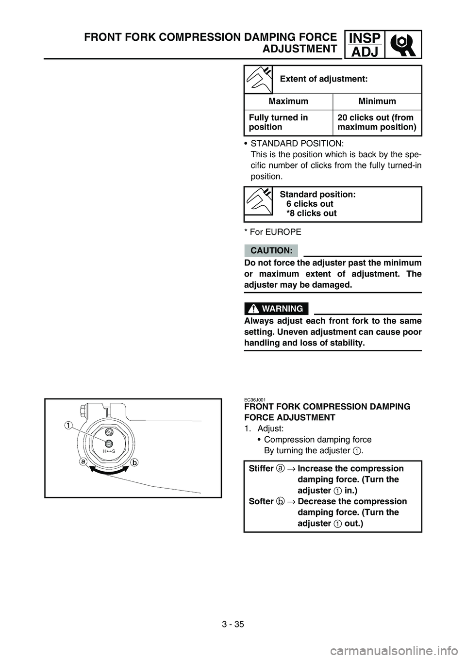 YAMAHA YZ450F 2007 Owners Manual 3 - 35
INSP
ADJFRONT FORK COMPRESSION DAMPING FORCE
ADJUSTMENT
STANDARD POSITION:
This is the position which is back by the spe-
cific number of clicks from the fully turned-in
position.
* For EUROPE YAMAHA YZ450F 2007 Owners Manual 3 - 35
INSP
ADJFRONT FORK COMPRESSION DAMPING FORCE
ADJUSTMENT
STANDARD POSITION:
This is the position which is back by the spe-
cific number of clicks from the fully turned-in
position.
* For EUROPE