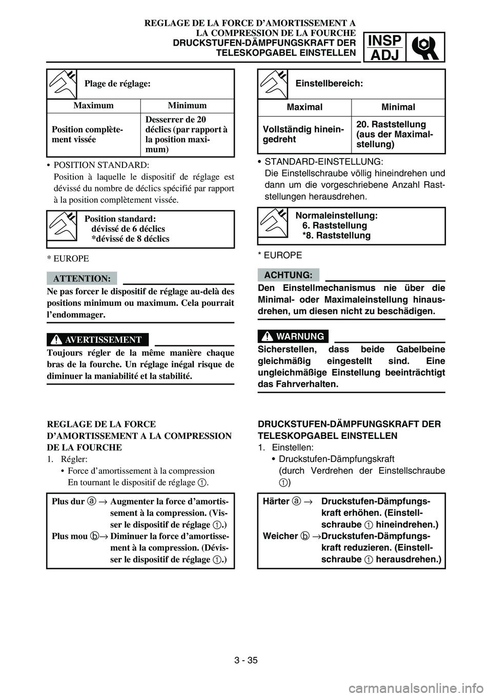 YAMAHA YZ450F 2007 Owners Manual INSP
ADJ
REGLAGE DE LA FORCE D’AMORTISSEMENT A
LA COMPRESSION DE LA FOURCHE
DRUCKSTUFEN-DÄMPFUNGSKRAFT DER
TELESKOPGABEL EINSTELLEN
STANDARD-EINSTELLUNG:
Die Einstellschraube völlig hineindrehen YAMAHA YZ450F 2007 Owners Manual INSP
ADJ
REGLAGE DE LA FORCE D’AMORTISSEMENT A
LA COMPRESSION DE LA FOURCHE
DRUCKSTUFEN-DÄMPFUNGSKRAFT DER
TELESKOPGABEL EINSTELLEN
STANDARD-EINSTELLUNG:
Die Einstellschraube völlig hineindrehen