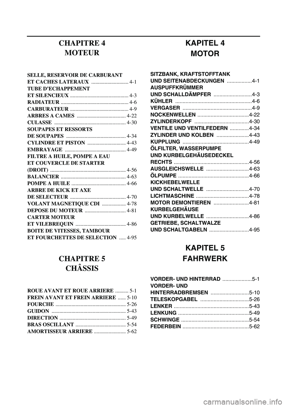YAMAHA YZ450F 2007 Owners Manual KAPITEL 4
MOTOR
SITZBANK, KRAFTSTOFFTANK
UND SEITENABDECKUNGEN .................4-1
AUSPUFFKRÜMMER
UND SCHALLDÄMPFER ..........................4-3
KÜHLER ......................................... YAMAHA YZ450F 2007 Owners Manual KAPITEL 4
MOTOR
SITZBANK, KRAFTSTOFFTANK
UND SEITENABDECKUNGEN .................4-1
AUSPUFFKRÜMMER
UND SCHALLDÄMPFER ..........................4-3
KÜHLER .........................................