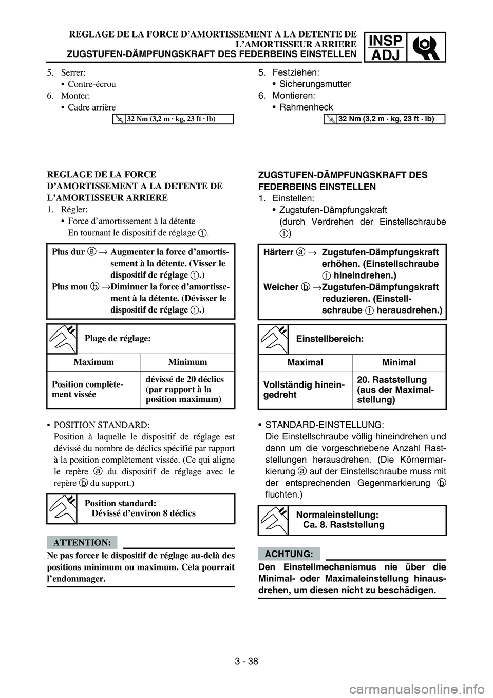 YAMAHA YZ450F 2007 Owners Manual INSP
ADJ
REGLAGE DE LA FORCE D’AMORTISSEMENT A LA DETENTE DE
L’AMORTISSEUR ARRIERE
ZUGSTUFEN-DÄMPFUNGSKRAFT DES FEDERBEINS EINSTELLEN
5. Festziehen:
Sicherungsmutter
6. Montieren:
Rahmenheck
ZU YAMAHA YZ450F 2007 Owners Manual INSP
ADJ
REGLAGE DE LA FORCE D’AMORTISSEMENT A LA DETENTE DE
L’AMORTISSEUR ARRIERE
ZUGSTUFEN-DÄMPFUNGSKRAFT DES FEDERBEINS EINSTELLEN
5. Festziehen:
Sicherungsmutter
6. Montieren:
Rahmenheck
ZU