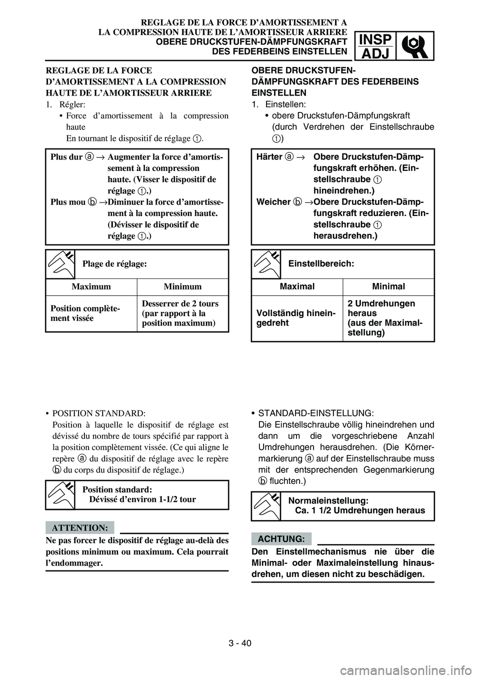 YAMAHA YZ450F 2007 Owners Manual INSP
ADJ
REGLAGE DE LA FORCE D’AMORTISSEMENT A
LA COMPRESSION HAUTE DE L’AMORTISSEUR ARRIERE
OBERE DRUCKSTUFEN-DÄMPFUNGSKRAFT
DES FEDERBEINS EINSTELLEN
OBERE DRUCKSTUFEN-
DÄMPFUNGSKRAFT DES FEDE YAMAHA YZ450F 2007 Owners Manual INSP
ADJ
REGLAGE DE LA FORCE D’AMORTISSEMENT A
LA COMPRESSION HAUTE DE L’AMORTISSEUR ARRIERE
OBERE DRUCKSTUFEN-DÄMPFUNGSKRAFT
DES FEDERBEINS EINSTELLEN
OBERE DRUCKSTUFEN-
DÄMPFUNGSKRAFT DES FEDE