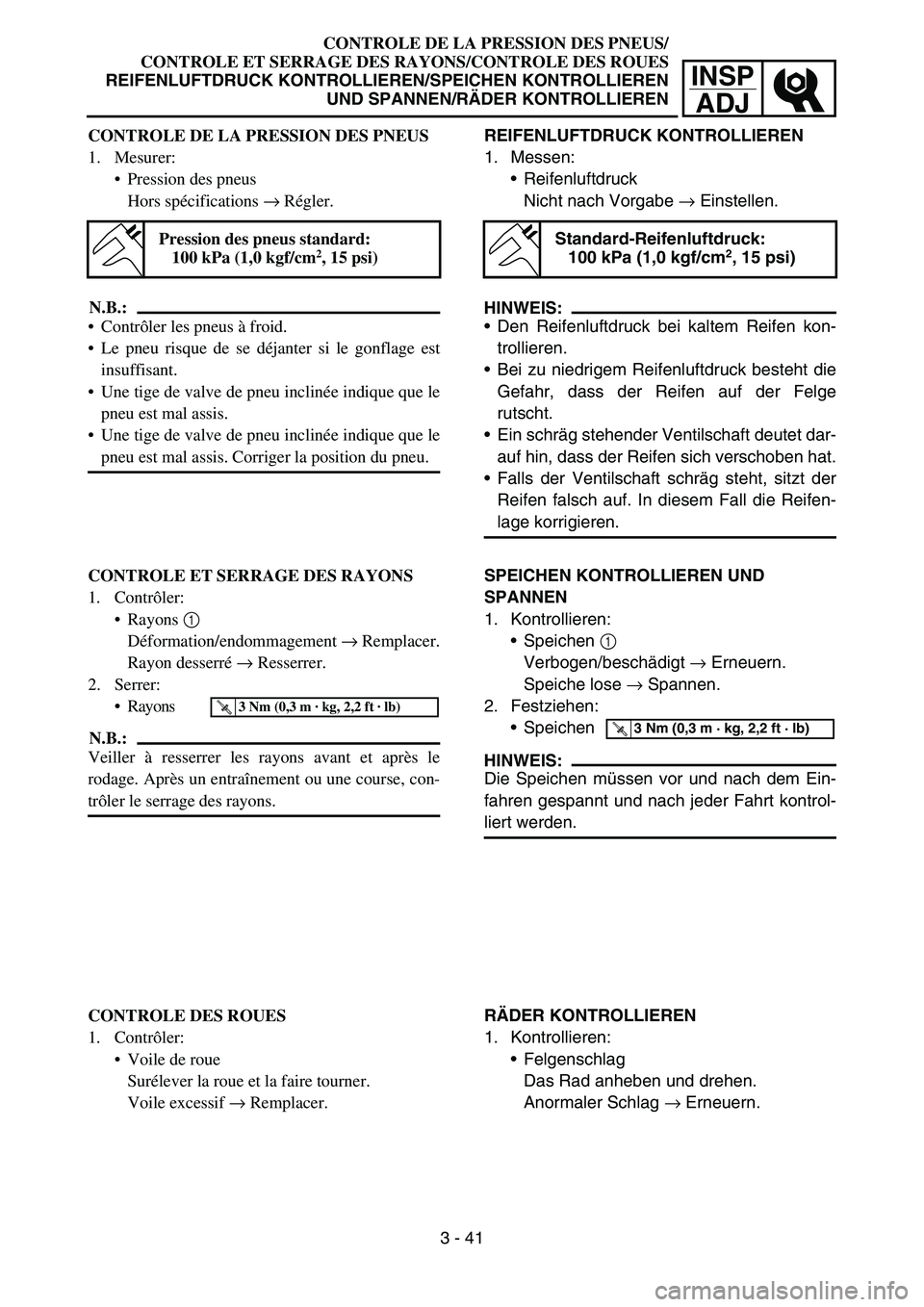 YAMAHA YZ450F 2007 User Guide INSP
ADJ
CONTROLE DE LA PRESSION DES PNEUS/
CONTROLE ET SERRAGE DES RAYONS/CONTROLE DES ROUES
REIFENLUFTDRUCK KONTROLLIEREN/SPEICHEN KONTROLLIEREN
UND SPANNEN/RÄDER KONTROLLIEREN
REIFENLUFTDRUCK KONT YAMAHA YZ450F 2007 User Guide INSP
ADJ
CONTROLE DE LA PRESSION DES PNEUS/
CONTROLE ET SERRAGE DES RAYONS/CONTROLE DES ROUES
REIFENLUFTDRUCK KONTROLLIEREN/SPEICHEN KONTROLLIEREN
UND SPANNEN/RÄDER KONTROLLIEREN
REIFENLUFTDRUCK KONT