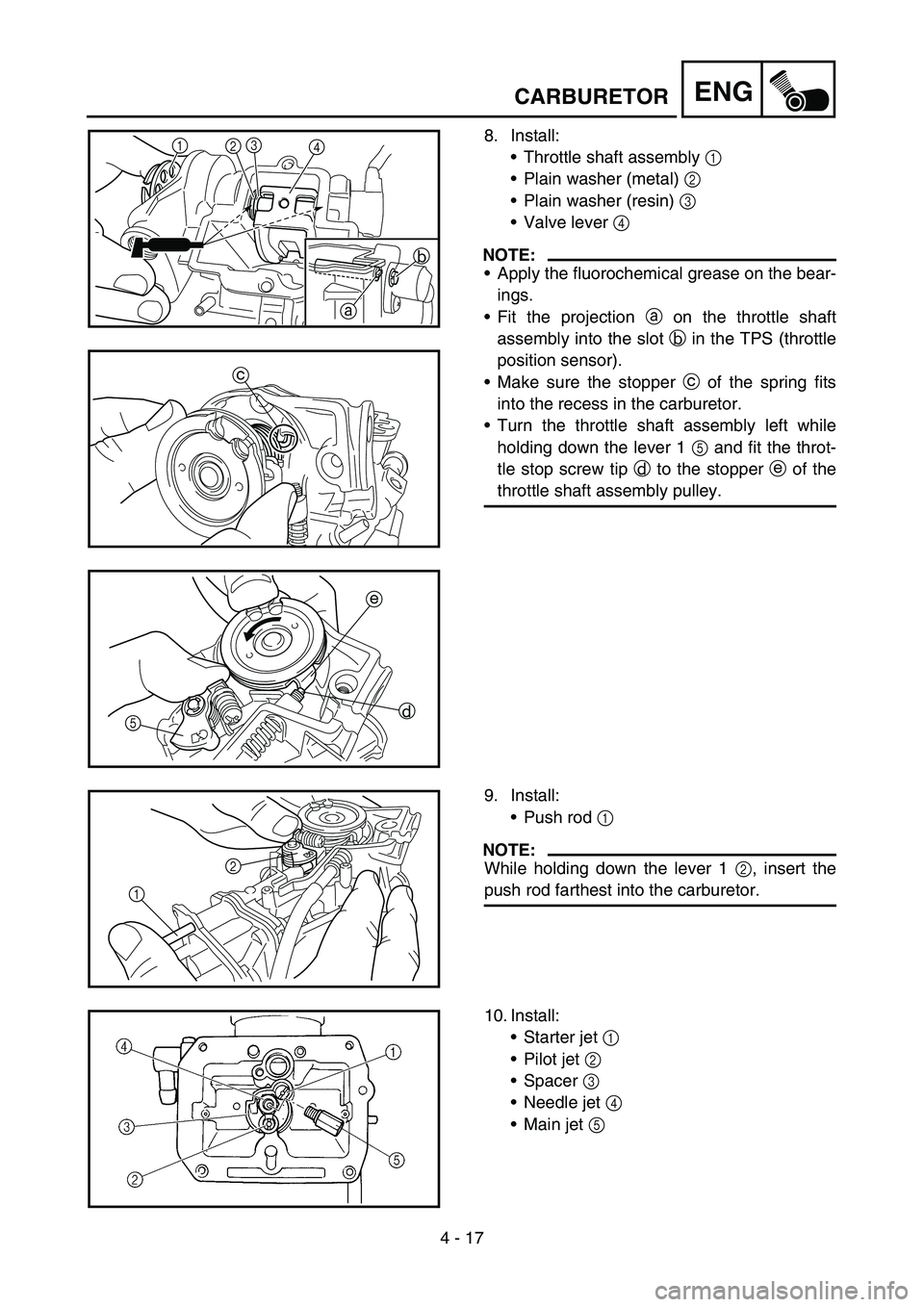 YAMAHA YZ450F 2007 User Guide 4 - 17
ENGCARBURETOR
8. Install:
Throttle shaft assembly 1
Plain washer (metal) 2
Plain washer (resin) 3
Valve lever 4
NOTE:
Apply the fluorochemical grease on the bear-
ings.
Fit the projec YAMAHA YZ450F 2007 User Guide 4 - 17
ENGCARBURETOR
8. Install:
Throttle shaft assembly 1
Plain washer (metal) 2
Plain washer (resin) 3
Valve lever 4
NOTE:
Apply the fluorochemical grease on the bear-
ings.
Fit the projec