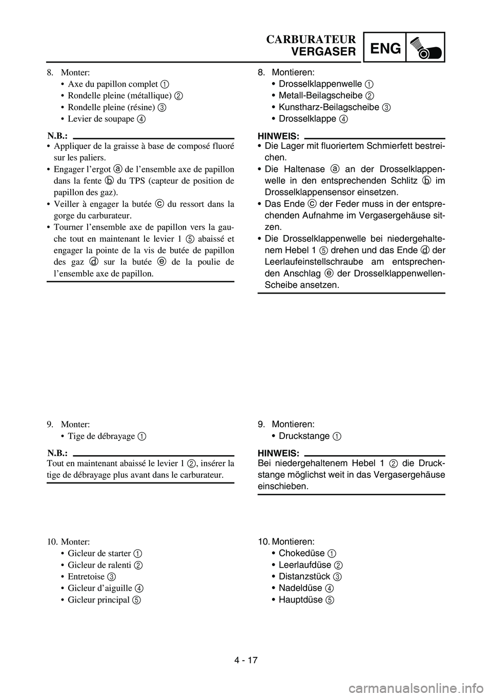 YAMAHA YZ450F 2007 Owners Manual 4 - 17
ENG
8. Montieren:
Drosselklappenwelle 1
Metall-Beilagscheibe 2
Kunstharz-Beilagscheibe 3
Drosselklappe 4
HINWEIS:
Die Lager mit fluoriertem Schmierfett bestrei-
chen.
Die Haltenase a YAMAHA YZ450F 2007 Owners Manual 4 - 17
ENG
8. Montieren:
Drosselklappenwelle 1
Metall-Beilagscheibe 2
Kunstharz-Beilagscheibe 3
Drosselklappe 4
HINWEIS:
Die Lager mit fluoriertem Schmierfett bestrei-
chen.
Die Haltenase a