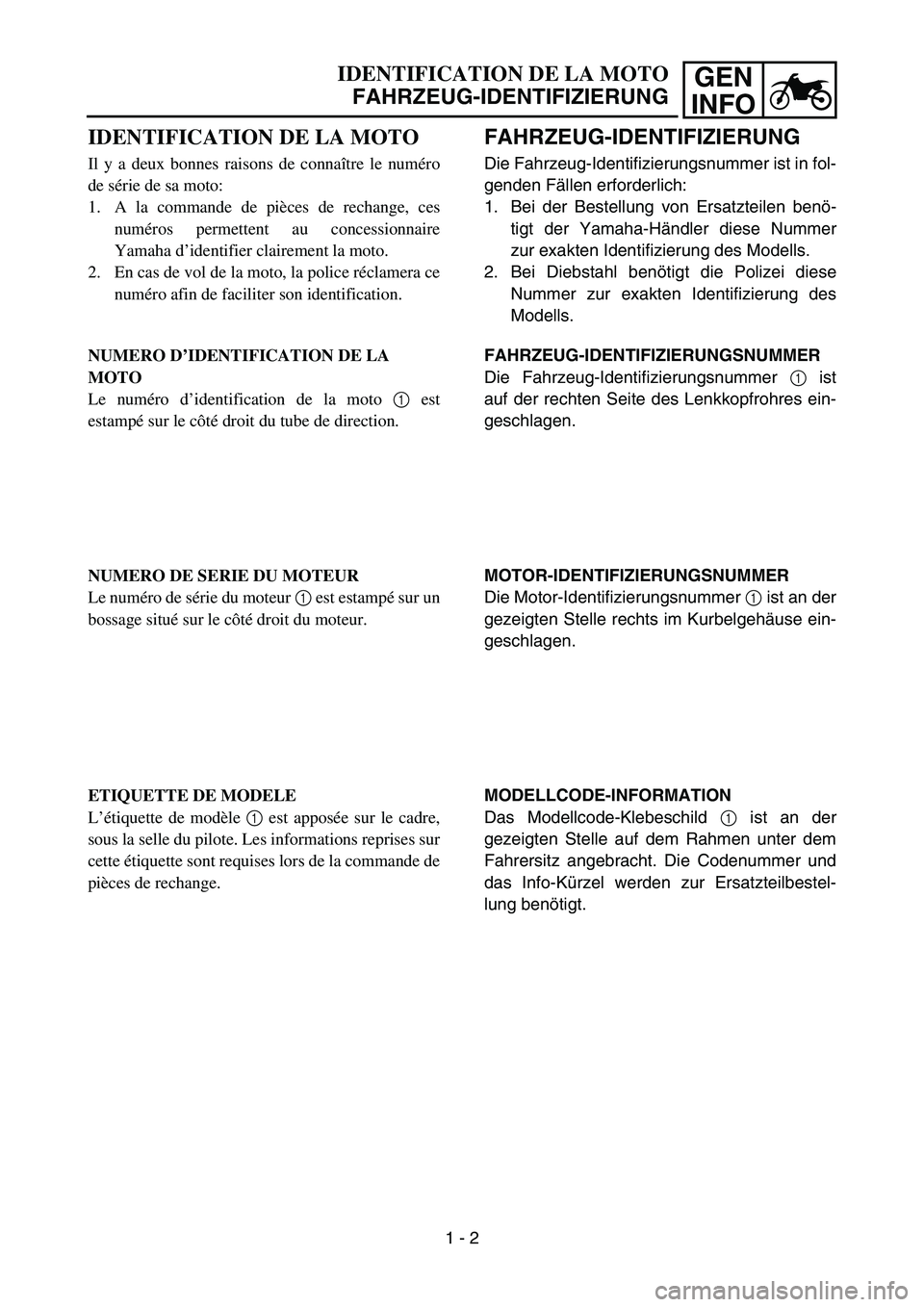 YAMAHA YZ450F 2007 Owners Manual GEN
INFO
FAHRZEUG-IDENTIFIZIERUNG
Die Fahrzeug-Identifizierungsnummer ist in fol-
genden Fällen erforderlich:
1. Bei der Bestellung von Ersatzteilen benö-
tigt der Yamaha-Händler diese Nummer
zur e YAMAHA YZ450F 2007 Owners Manual GEN
INFO
FAHRZEUG-IDENTIFIZIERUNG
Die Fahrzeug-Identifizierungsnummer ist in fol-
genden Fällen erforderlich:
1. Bei der Bestellung von Ersatzteilen benö-
tigt der Yamaha-Händler diese Nummer
zur e